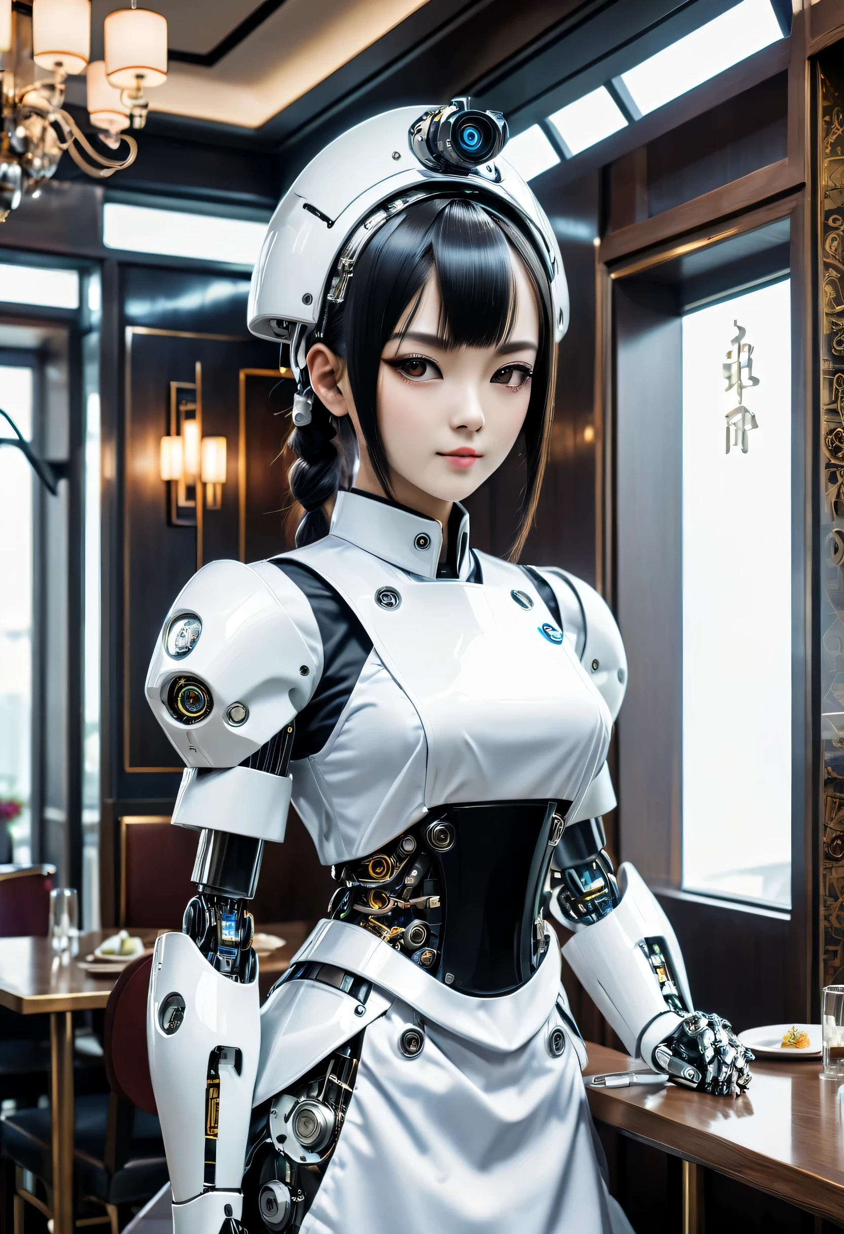 cybernetic maid,Female robot housekeeper, Metal mechanical surface，Mechanical joint，the maid outfit，Female robot wearing housekeeper uniform,Female robot housekeeper负责处理各种家务,futuristic home,Family luxury restaurant，cyber punk personage