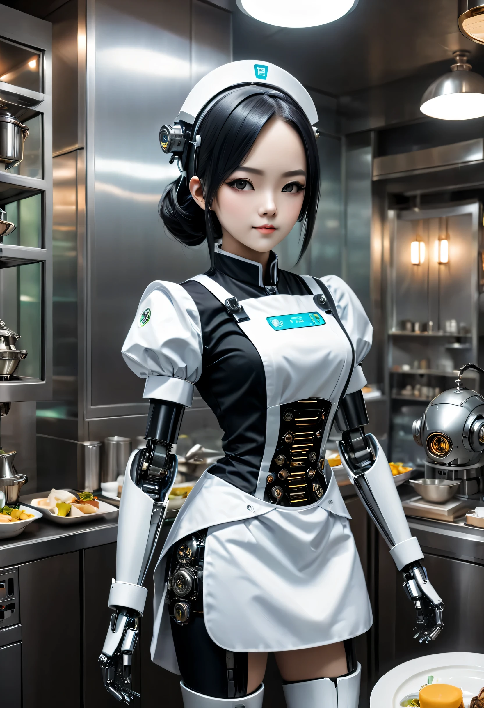 cybernetic maid,Female robot housekeeper, Metal mechanical surface，Mechanical joint，the maid outfit，Female robot wearing housekeeper uniform,Female robot housekeeper负责处理各种家务,futuristic home,Family luxury restaurant，cyber punk personage