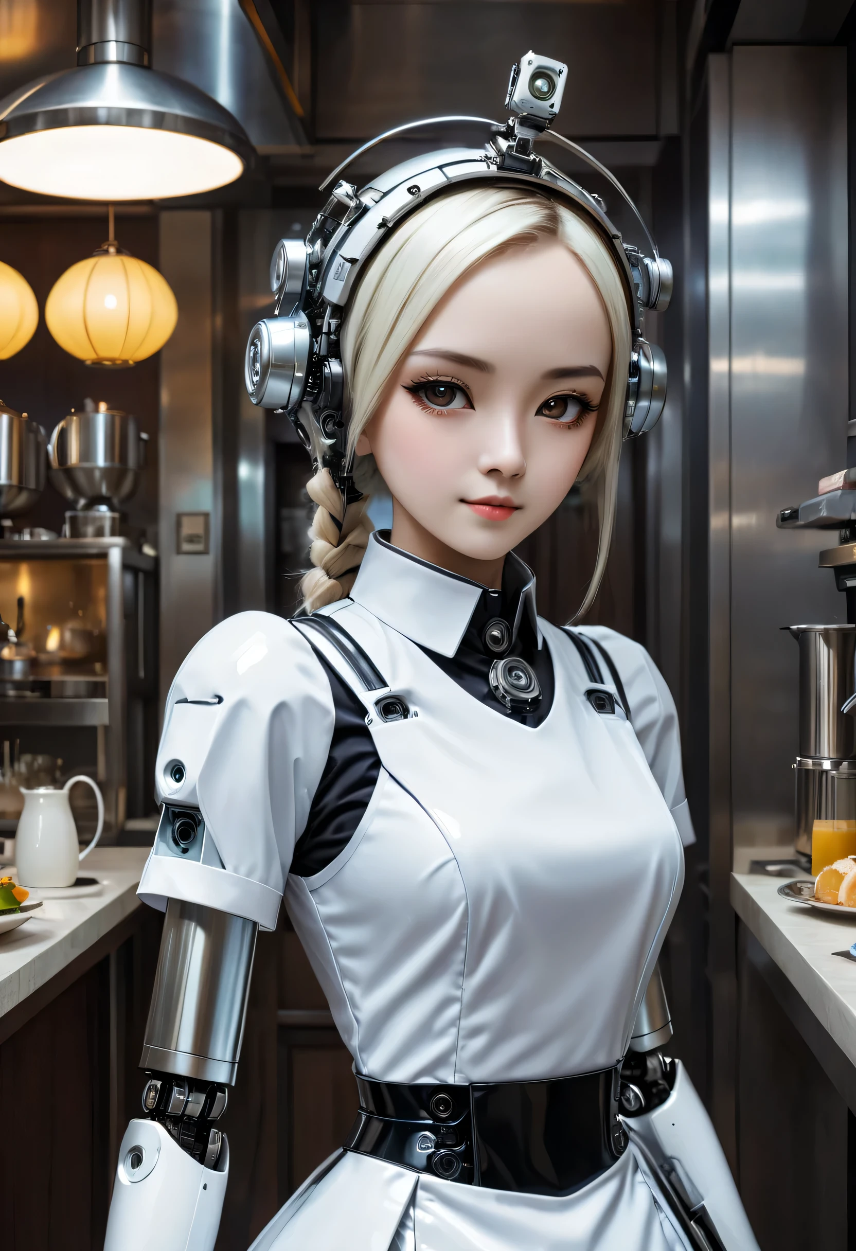 cybernetic maid,Female robot housekeeper, Metal mechanical surface，Mechanical joint，the maid outfit，Female robot wearing housekeeper uniform,Female robot housekeeper负责处理各种家务,futuristic home,Family luxury restaurant，cyber punk personage