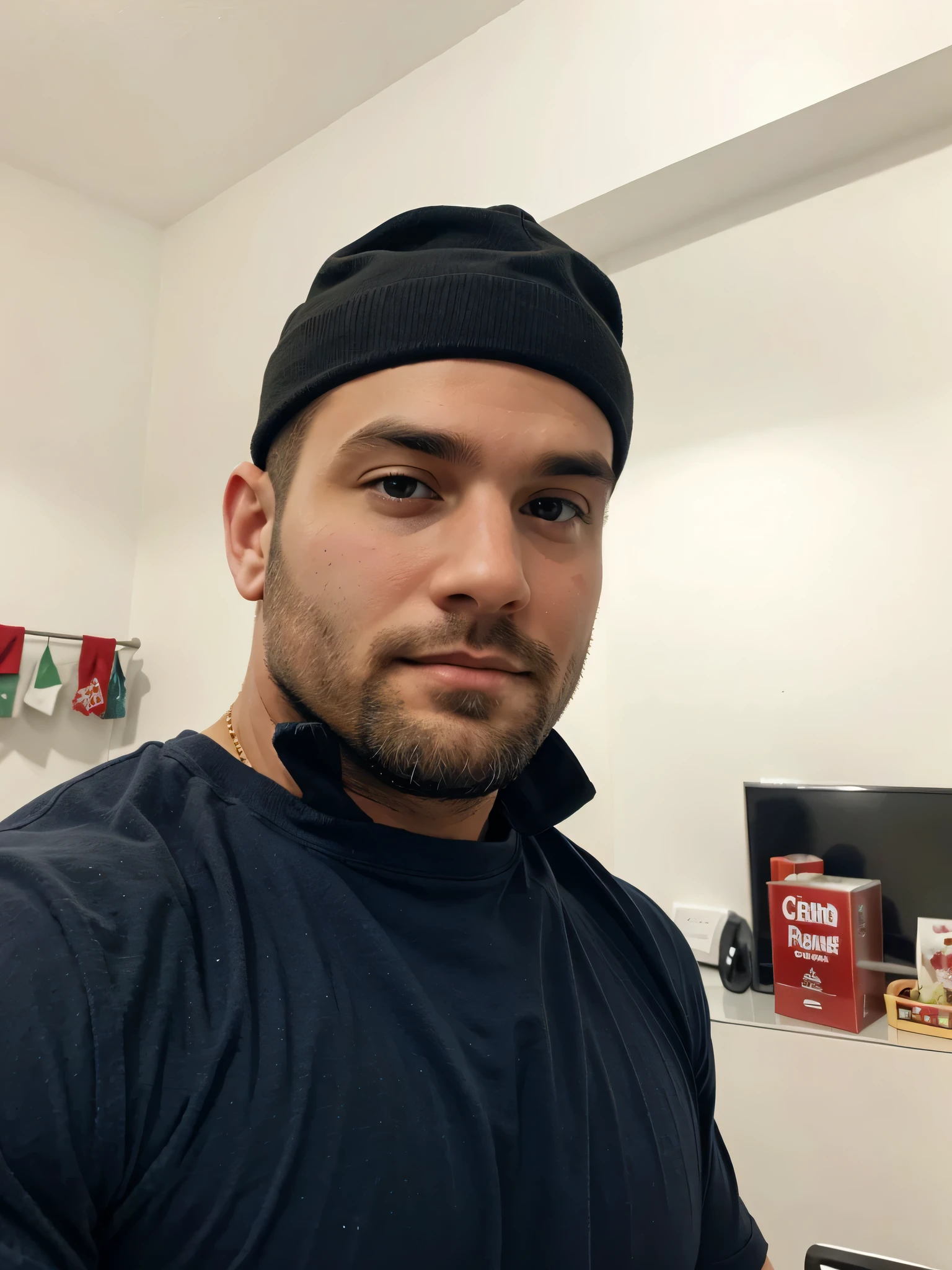 generate me muscular, naked with big dick, short beard, Christmas cap on head