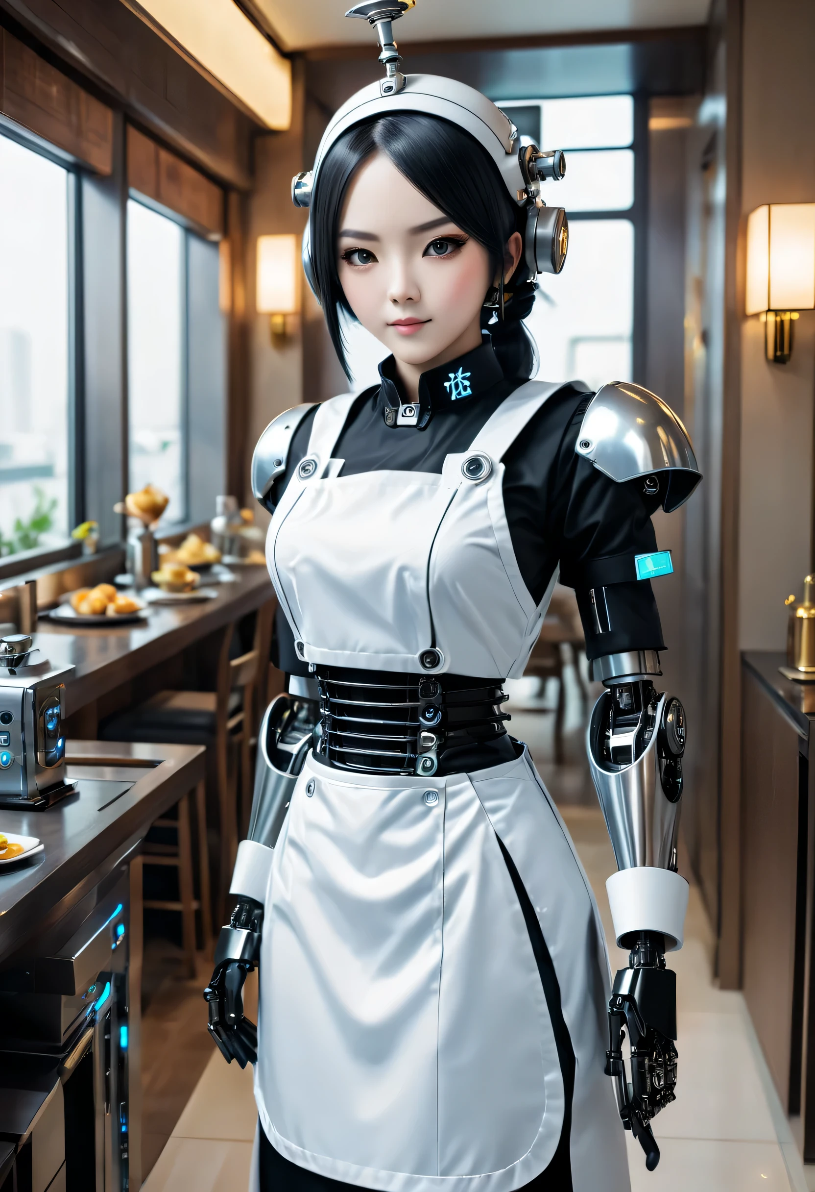 cybernetic maid,Female robot housekeeper, Metal mechanical surface,Mechanical joint,the maid outfit,Female robot wearing housekeeper uniform,Female robot housekeeper负责处理各种家务,futuristic home,Family luxury restaurant,cyber punk personage