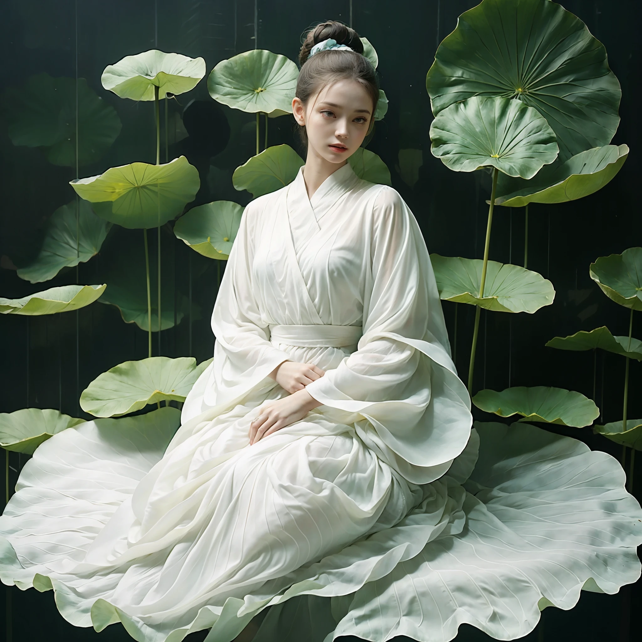 1 girl, solo, giant lotus leaf, black hair, dress, looking at the audience, white dress, hair bun, sitting, single hair bun, leaves, long sleeves, red lips, realistic