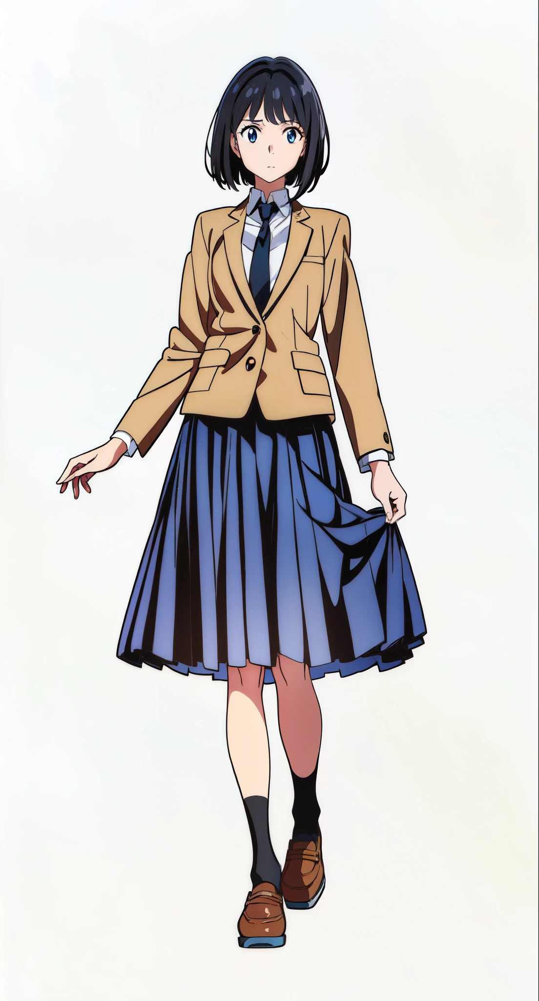 (best quality:2.0), (tareme:1.5), (standing:1.5), (looking at viewer:1.5), (white background:1.0), (anime:2.0), (official art:2.0), (best quality:2.0), (masterpiece:1.0), (full body:1.0), (solo:1.0), (a 18yo cute girl:1.0), (long skirt:1.0), (dark blue skirt:1.0), (pleated skirt:1.0), (school uniform beige blazer:1.0), (dark blue necktie:1.0), (loafers:1.0), (black socks:1.0), (ideal ratio body proportions:1.0), (lanky:1.0), (tall:1.0), (slender:1.0), (small breasts:1.0), (smaller face:1.0), (tareme:1.5), (detailed beautiful eyes:1.5), (detailed beautiful face:1.5), (glowing black eyes:1.1), (bob cut hair:1.0), (black hair:1.0)