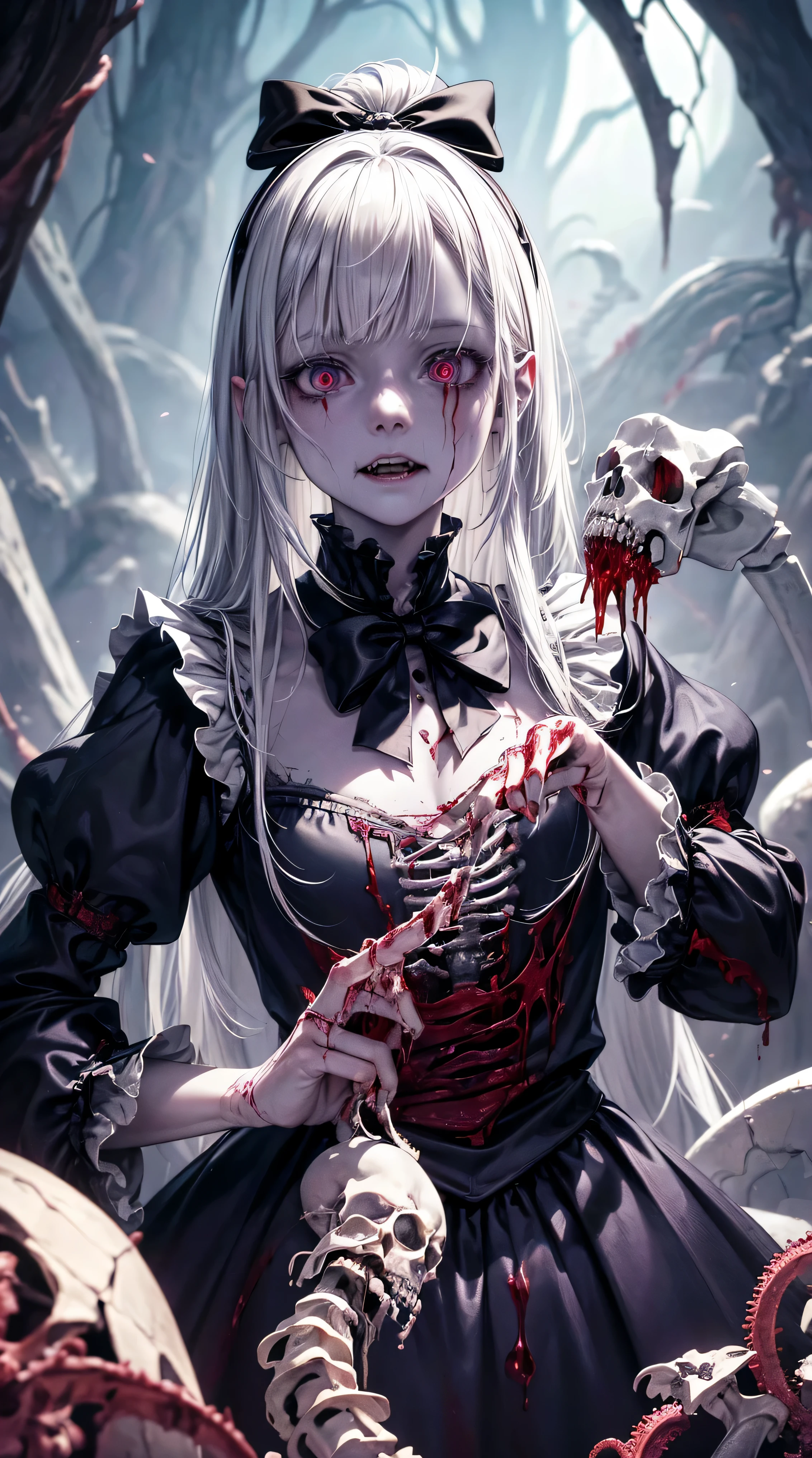 (((Alice in Wonderland:1.1))), 1girl, masterpiece, best quality, 8k, detailed skin texture, detailed cloth texture, beautiful detailed face, intricate details, ultra detailed, (a bow on her head:1.1), BACKLIGHT, realistic art, extremely delicate and beautiful, ultra-detailed, 1girl, white hair, vampire, yandere, creepy smile, (((Black goo flowing from eyes, eldritch Horror, skeleton, exposed Bone, bleeding, undead, rotting, ripped flesh, ((Blood)), gore, creepy, scary, monster, evil, insane ))) glowing dark red eyes, floating, detailed light, illustration, dynamic angle, depth of field, Short Vampire girl, long hair, ((white hair)), showing fangs, pale white skin, (ultra high res, best quality,), (8k, raw photo, best quality, masterpiece), technological sense, best quality, masterpiece, illustration,CG ,unity ,wallpaper, official art, Amazing, finely detail, an extremely delicate and beautiful,extremely detailed, highly detailed, sharp focus,rich background, (real person,photograph), ((high detailed skin))