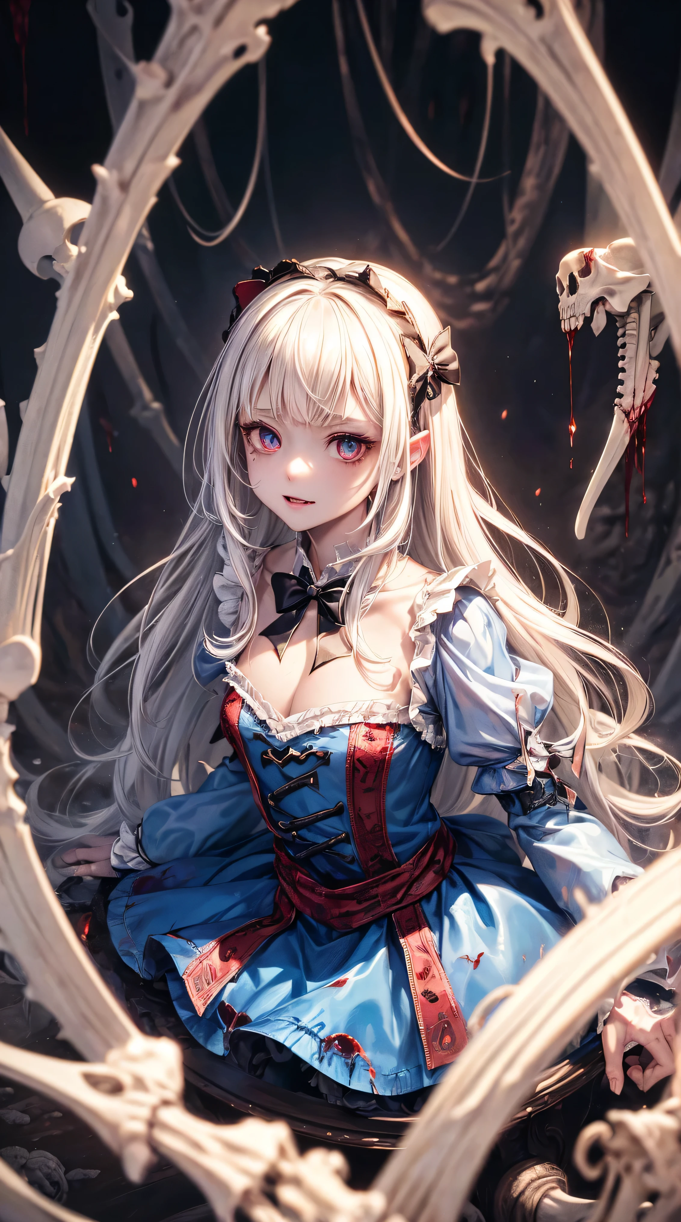 (((Alice in Wonderland:1.1))), 1girl, masterpiece, best quality, 8k, detailed skin texture, detailed cloth texture, beautiful detailed face, intricate details, ultra detailed, (a bow on her head:1.1), BACKLIGHT, realistic art, extremely delicate and beautiful, ultra-detailed, 1girl, white hair, vampire, yandere, creepy smile, (((Black goo flowing from eyes, eldritch Horror, skeleton, exposed Bone, bleeding, undead, rotting, ripped flesh, ((Blood)), gore, creepy, scary, monster, evil, insane ))) glowing dark red eyes, floating, detailed light, illustration, dynamic angle, depth of field, Short Vampire girl, long hair, ((white hair)), showing fangs, pale white skin, (ultra high res, best quality,), (8k, raw photo, best quality, masterpiece), technological sense, best quality, masterpiece, illustration,CG ,unity ,wallpaper, official art, Amazing, finely detail, an extremely delicate and beautiful,extremely detailed, highly detailed, sharp focus,rich background, (real person,photograph), ((high detailed skin))