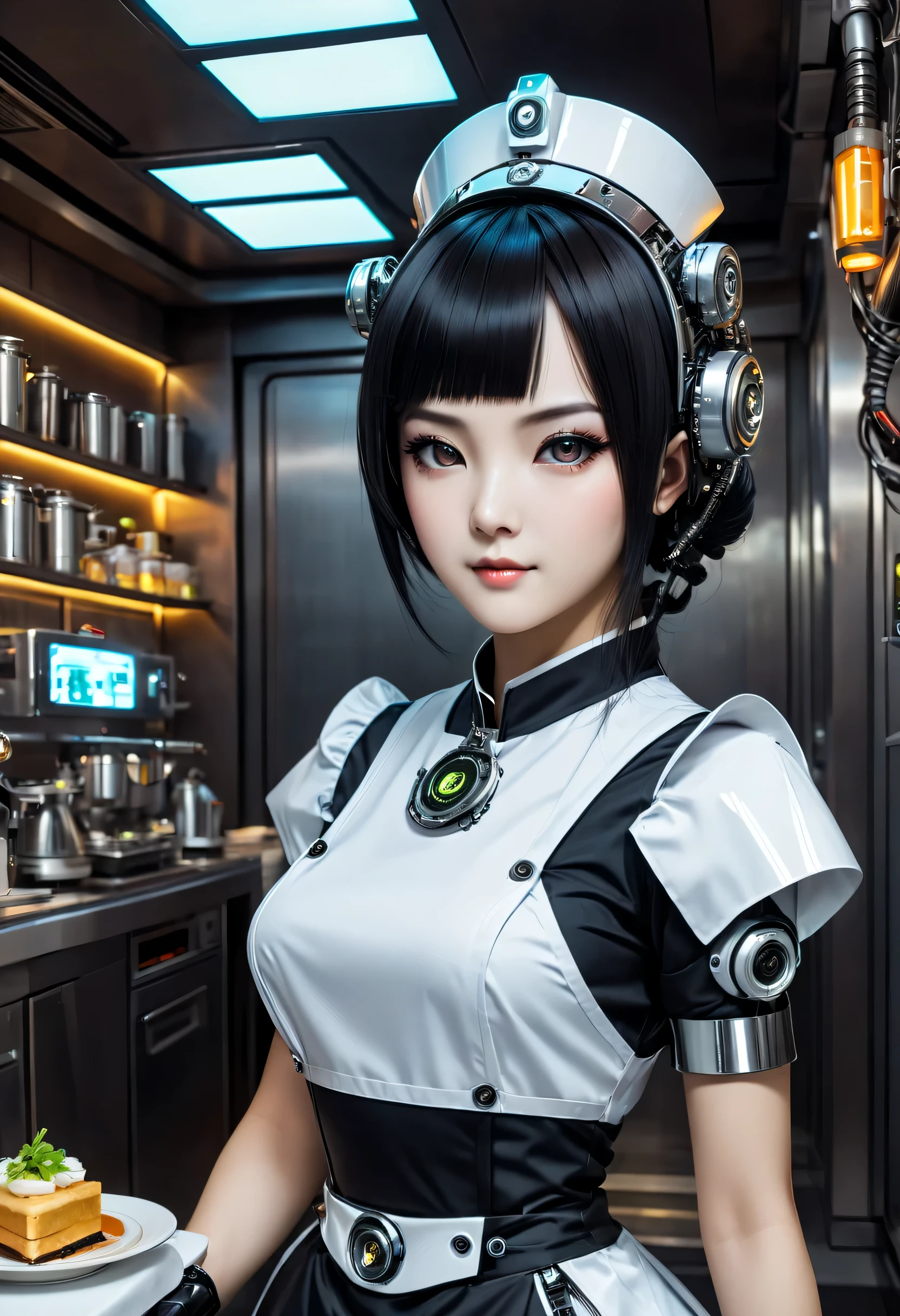 cybernetic maid,Female robot housekeeper, Metal mechanical surface,Mechanical joint,the maid outfit,Female robot wearing housekeeper uniform,Female robot housekeeper负责处理各种家务,futuristic home,Family luxury restaurant,cyber punk personage