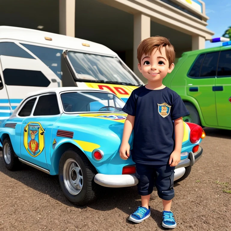 Little boy standing, vestido de roupa policial, loiro, cabelos finos e lisos caidos na testa, olhos verdes, rosto de alta qualidade, bonito, pele clara, olhar alegre e altivo, background predios e um carro de policia com as luzes ligadas, formato 3d pixar disney