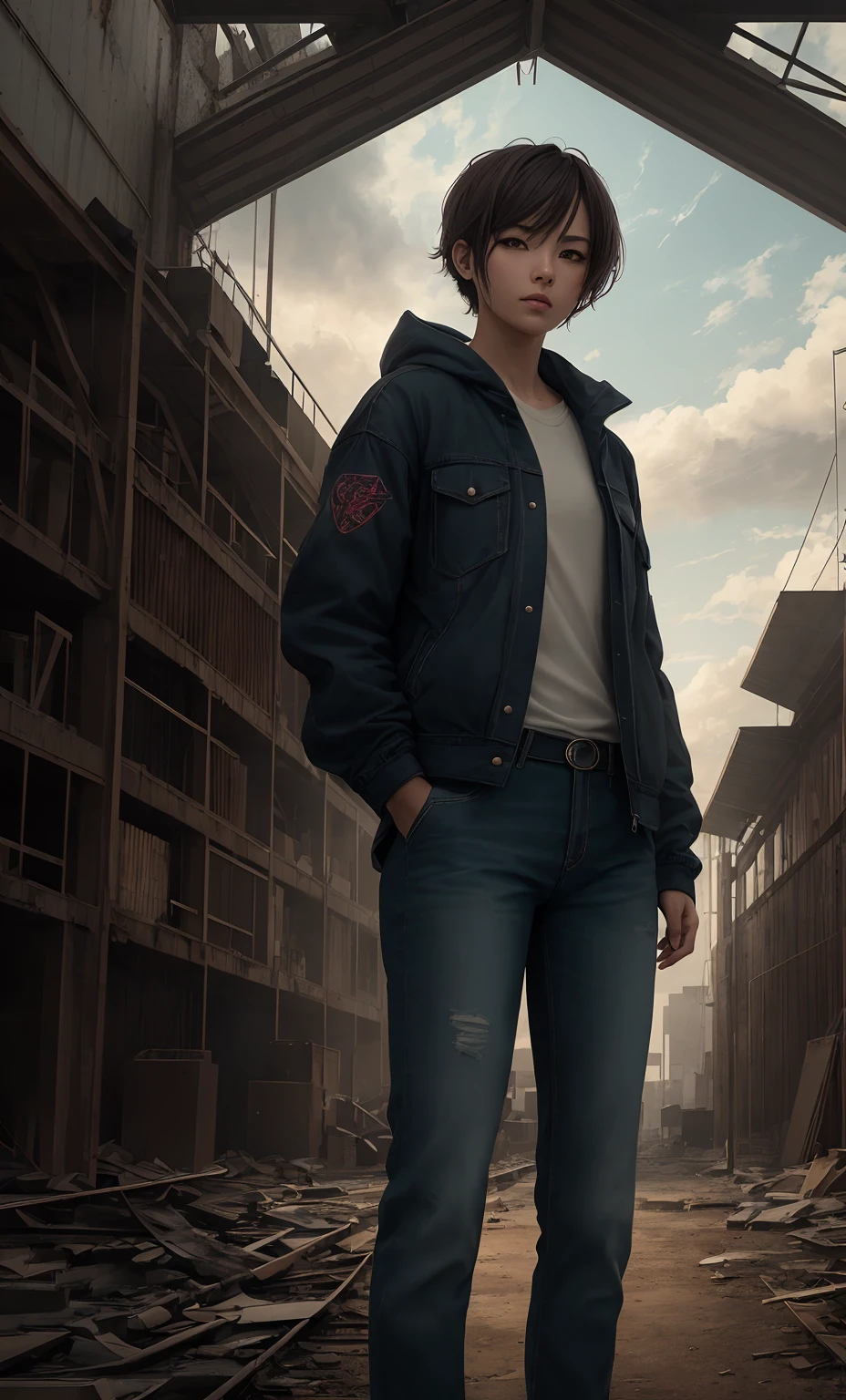 cinematic shadow, upper body, an anime girl wearing jacket with jeans and standing in the factory, Dilapidated machinery and production lines，in the style of realistic hyper-detailed portraits, cabincore, earthy colors, ambitious, dinopunk, atmospheric clouds, bold, manga-inspired characters