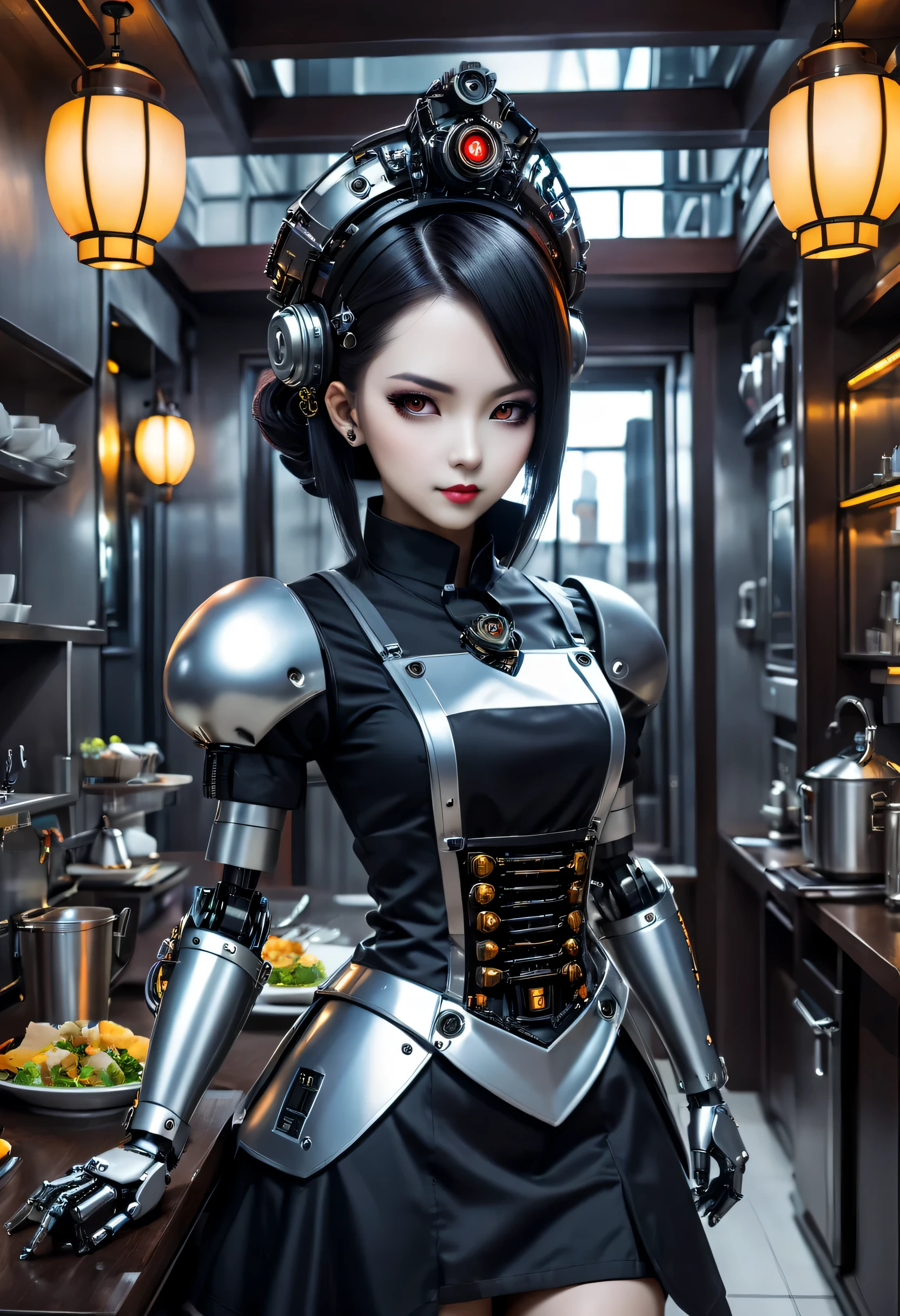 cybernetic female vampire,Female robot housekeeper, Metal mechanical surface，Mechanical joint，the maid outfit，Female robot wearing housekeeper uniform,Female robot housekeeper负责处理各种家务,futuristic home,Family luxury restaurant，cyber punk personage