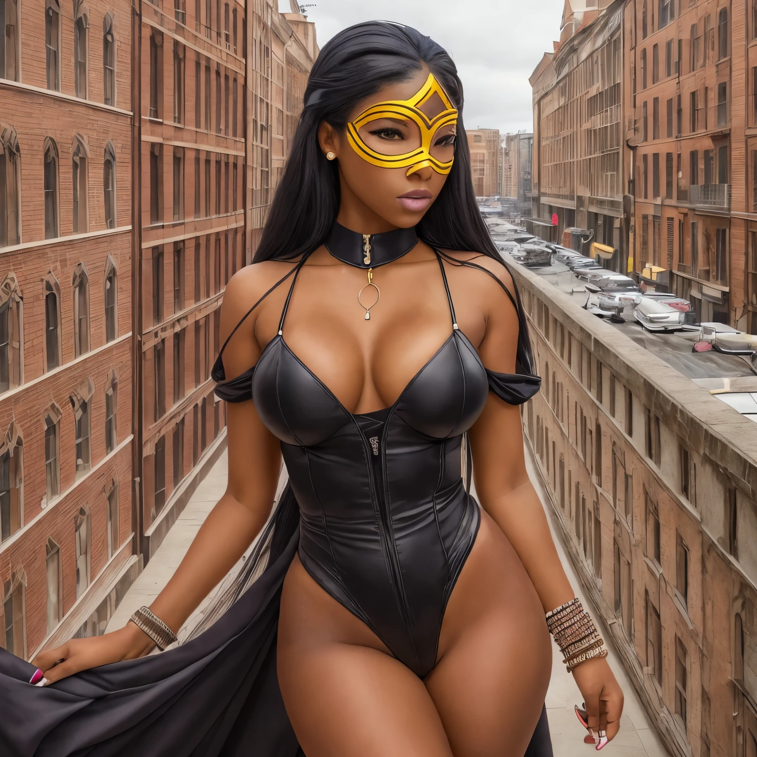 a dark melanin woman in a brown dress with a mask posing on the balcony, physique: (in the style of bold curves, core, karencore, medicalcore, Womancore, in the style of curves, hikecore), shot on 70 mm --auto --s2