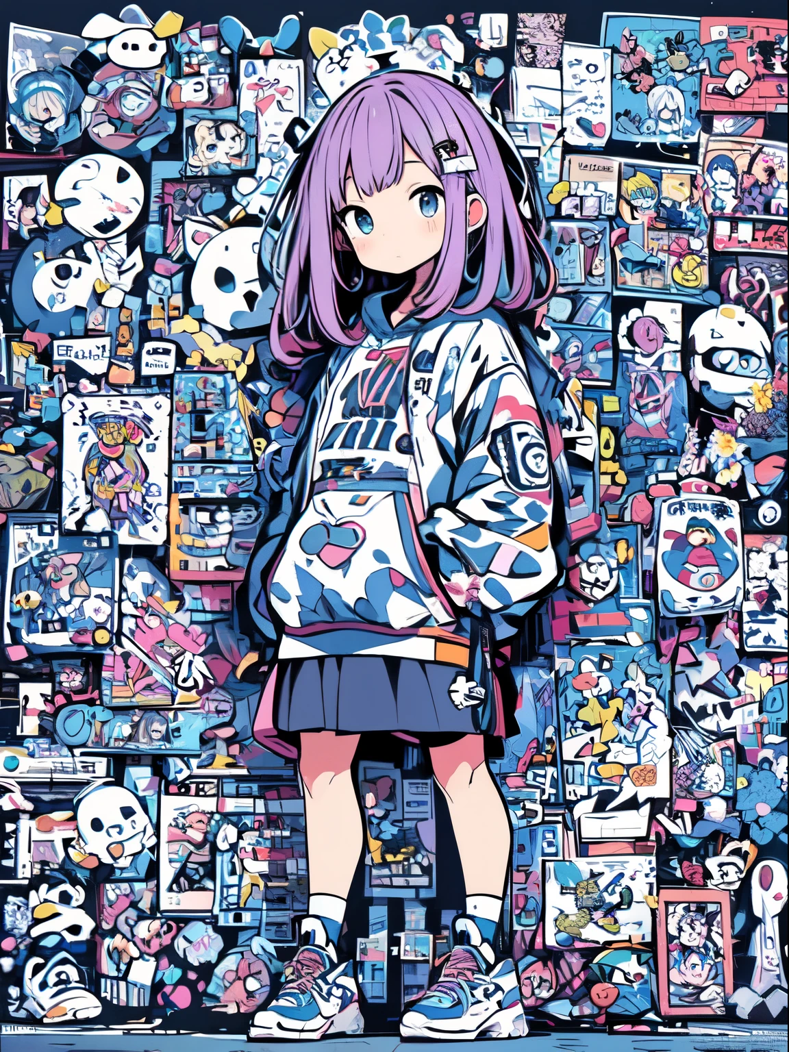 High quality digital illustrations with vibrant colors and crisp line art. BREAK Front facing, Full body portrait of the character. BREAK Character: Young girl with chin-length purple hair, Wearing an oversized white and blue hoodie with various prints, Navy short skirt, White socks, And chunky sneakers. she has a neutral expression, There was a small skull pin stuck in her hair.. Break Background: Collage of different elements and characters, Including stuffed animals, abstract shapes, and technology items, Everything has a unified blue and purple color scheme..