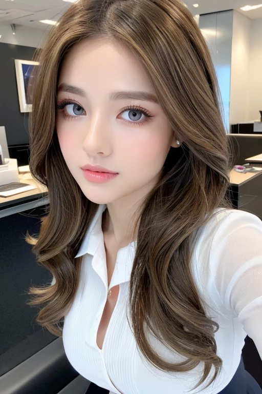 ((Best quality, 8k, Masterpiece :1.3)), Sharp focus :1.2, A pretty with perfect figure :1.4, Slender abs :1.3, Raw photography、超A high resolution, full body, fair white skin、shiny white skin、(wavy blonde hair)、dark brown hair、super fine eyes, super fine hand, super fine finger、Beautiful eyes with random colors、very thin lips, finely detail、elongated eyes、pale pink blush、long eyeslasheeautiful double eyelid、Lighting that emphasizes beautiful skin、Lustrous skin 2, ((Layered long hair, Big breasts :1.2)), wear office uniform, ((detailed face )), ((detailed tight short skirt), luxury office :1.4, Highly detailed face and skin texture, Detailed eyes, Double eyelid