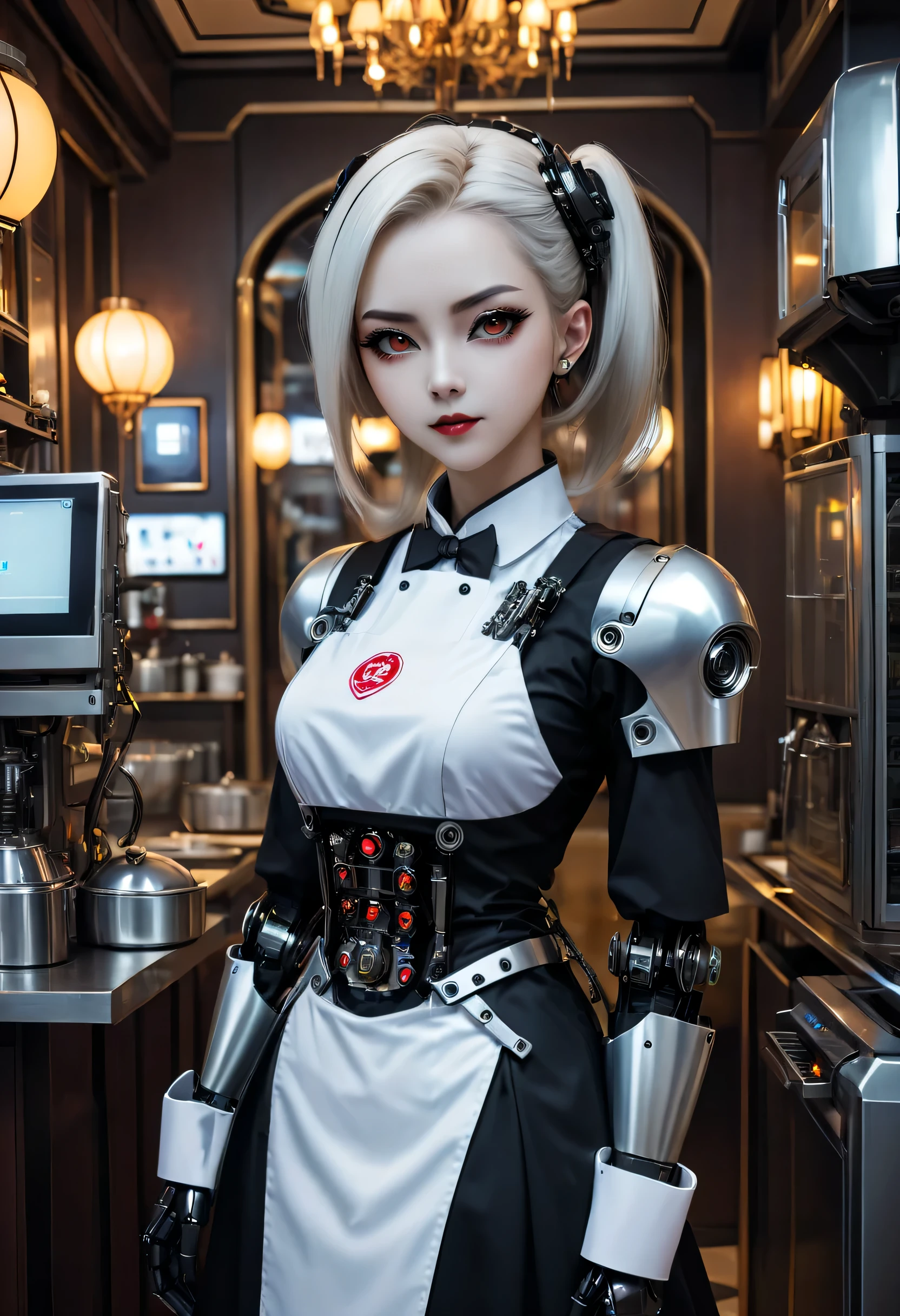 cybernetic female vampire,Female robot housekeeper, Metal mechanical surface，Mechanical joint，the maid outfit，Female robot wearing housekeeper uniform,Female robot housekeeper负责处理各种家务,futuristic home,Family luxury restaurant，cyber punk personage