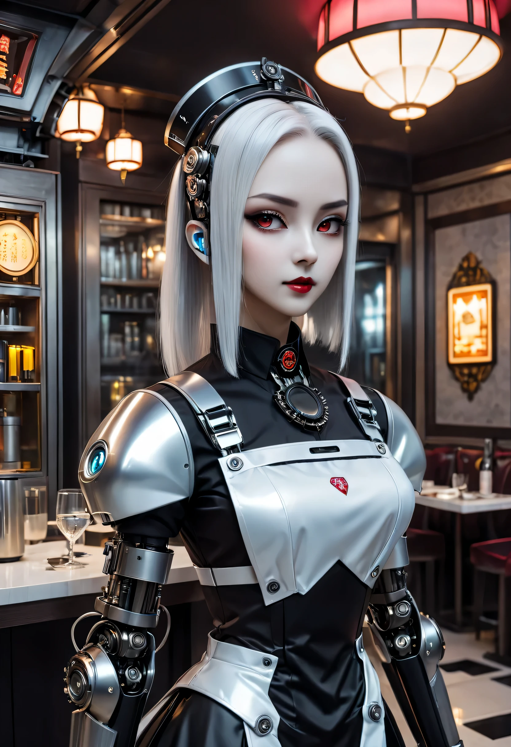 cybernetic female vampire,Female robot housekeeper, Metal mechanical surface,Mechanical joint,the maid outfit,Female robot wearing housekeeper uniform,Female robot housekeeper负责处理各种家务,futuristic home,Family luxury restaurant,cyber punk personage