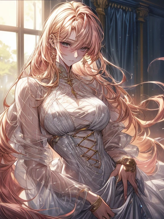 (((1male people:Piercing in the left ear,、((Golden hair))、tall、tall、Tall、a handsome、refreshing、burly)))、(((1female:Pink hair、Long、short、Best style、F-cup、see-through sexy dress、Beautuful Women)))、((((a couple、Flirting))))、{(Best Quality, 8K, masutepiece, nffsw, Soft lighting, image perfect, Digital Illustration, manhwa art, super detailed image, Perfect lines, )}