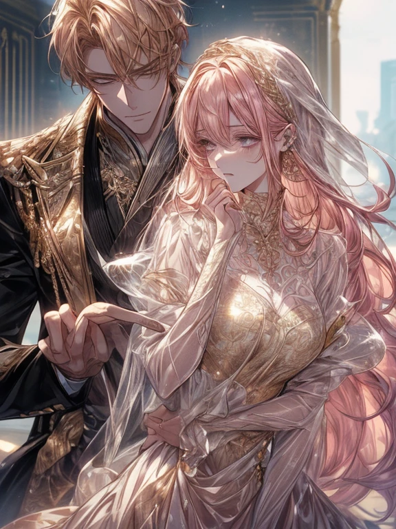 (((1male people：Piercing in the left ear,、((Golden hair))、tall、tall、Tall、a handsome、refreshing、burly)))、(((1female：Pink hair、Long、short、Best style、F-cup、see-through sexy dress、Beautuful Women)))、((((a couple))))、{(Best Quality, 8K, masutepiece, nffsw, Soft lighting, image perfect, Digital Illustration, manhwa art, super detailed image, Perfect lines, )}