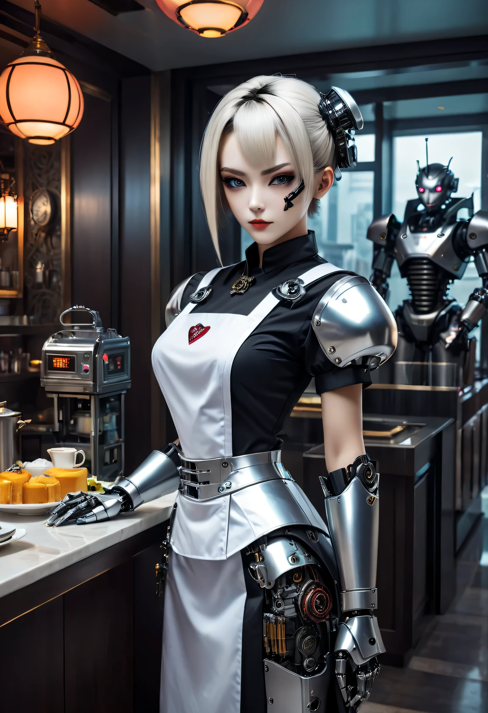 cybernetic female vampire,Female robot housekeeper, Metal mechanical surface,Mechanical joint,the maid outfit,Female robot wearing housekeeper uniform,Female robot housekeeper负责处理各种家务,futuristic home,Family luxury restaurant,cyber punk personage