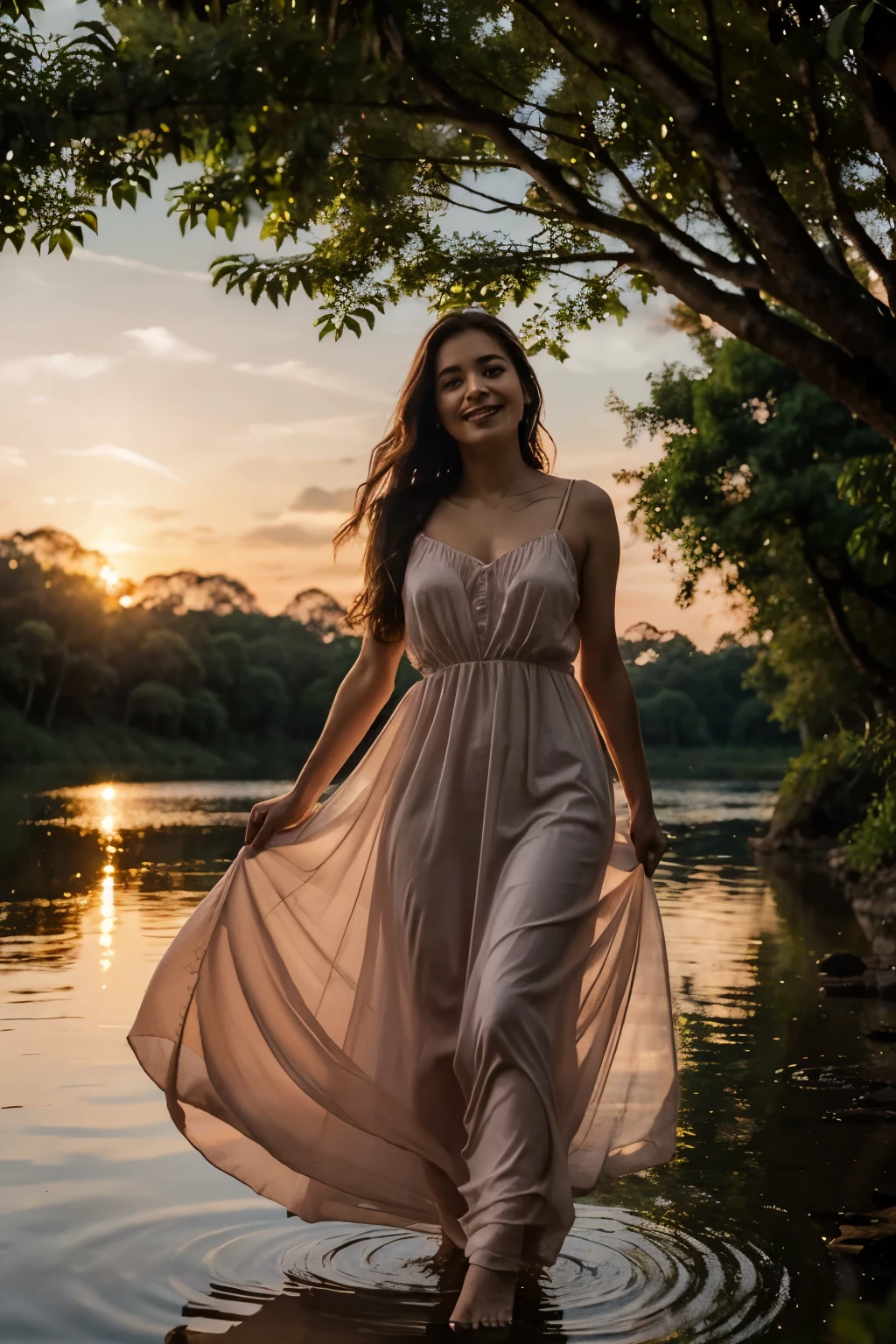 (Altas:1.2),retrato,mulher latina, 30 anos,longos cabelos loiros,hazelnut eyes,sorridente,caminhando em uma floresta com um lago,during a beautiful sunset,soft lighting,atmosfera serena,Natureza,majestic trees,brisa sutil,luscious greenery,calm water surface,Night sky with warm orange and pink tones,Peaceful reflection in the lake,long flowing dress,movimento gracioso,expression joyful,delicate details on facial features,fine strands of hair gently bouncing,gentle caress of sunlight on your skin,harmonious composition of Natureza and beauty