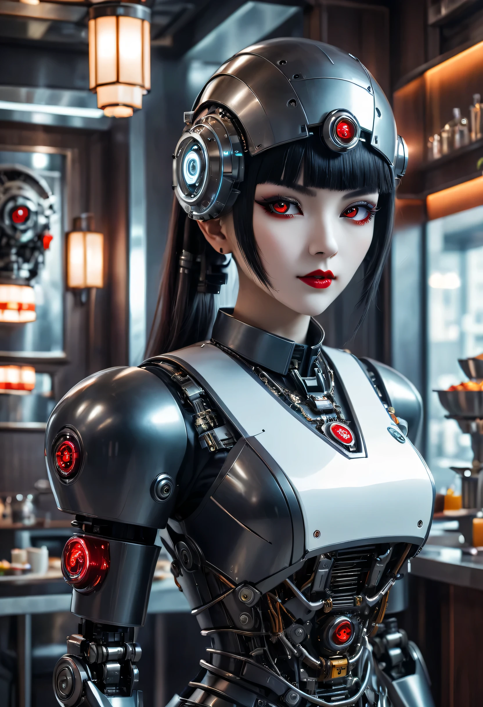 cybernetic female vampire,Female robot housekeeper, Metal mechanical surface,Mechanical joint,Female robot wearing housekeeper uniform,Female robot housekeeper负责处理各种家务,futuristic home,Family luxury restaurant,cyber punk personage