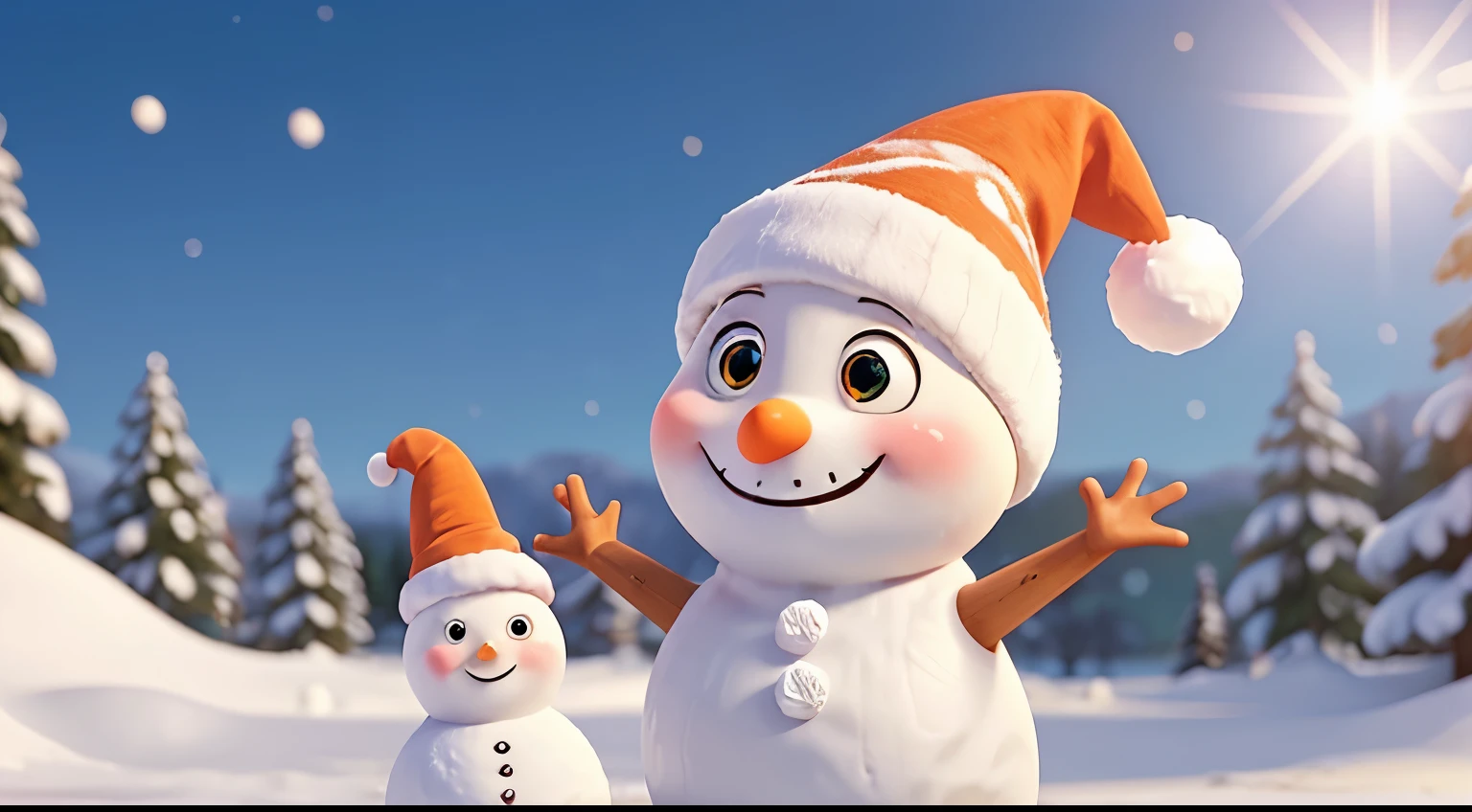 Snowman. Carrot nose. Marble ball eyes. Stick arms. Cute, smiling. Sparkling in sunlight. Santa hat. Snowing. climbing gym background.