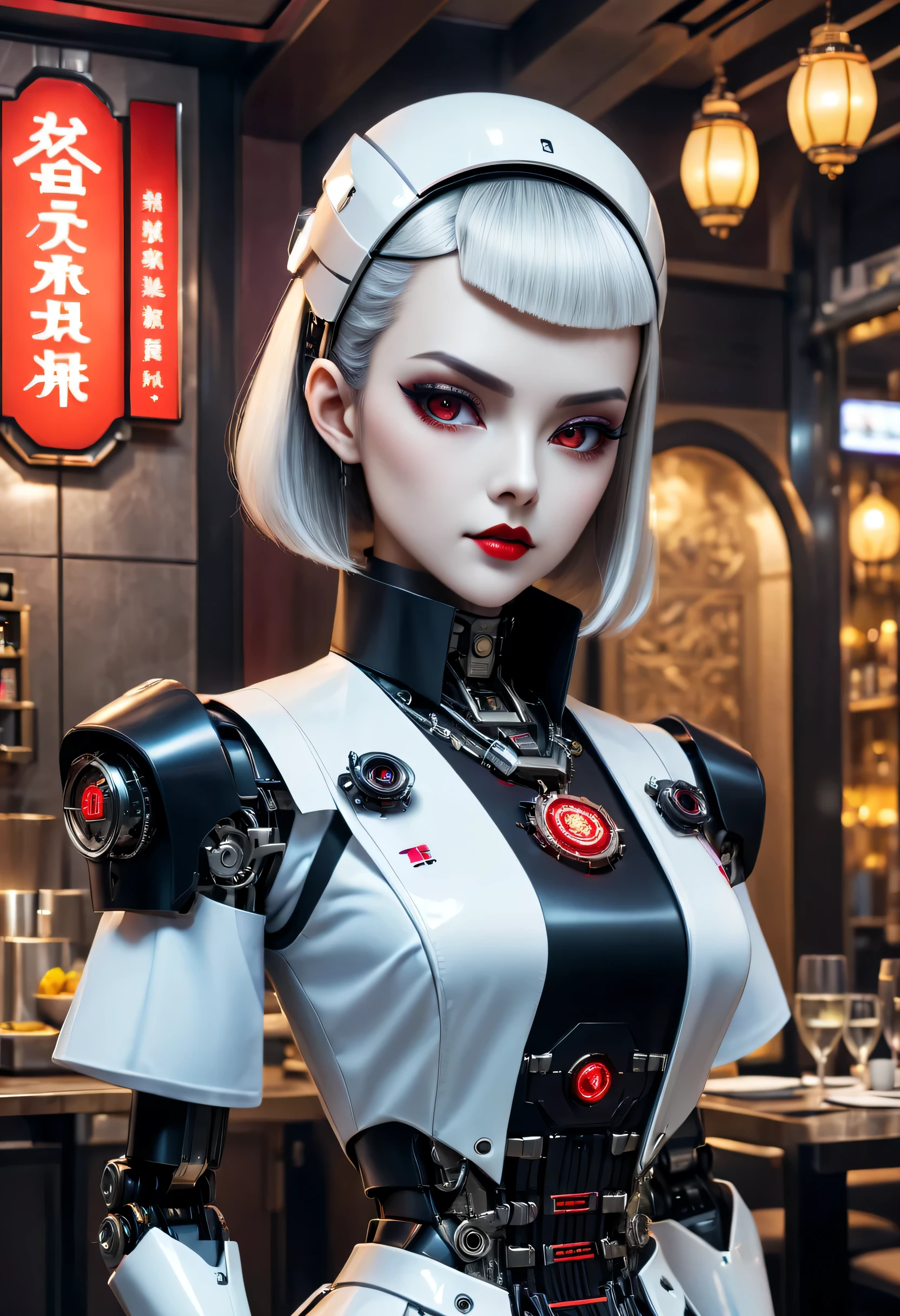 cybernetic female vampire,Female robot housekeeper, Metal mechanical surface,Mechanical joint,Female robot wearing housekeeper uniform,Female robot housekeeper负责处理各种家务,futuristic home,Family luxury restaurant,cyber punk personage