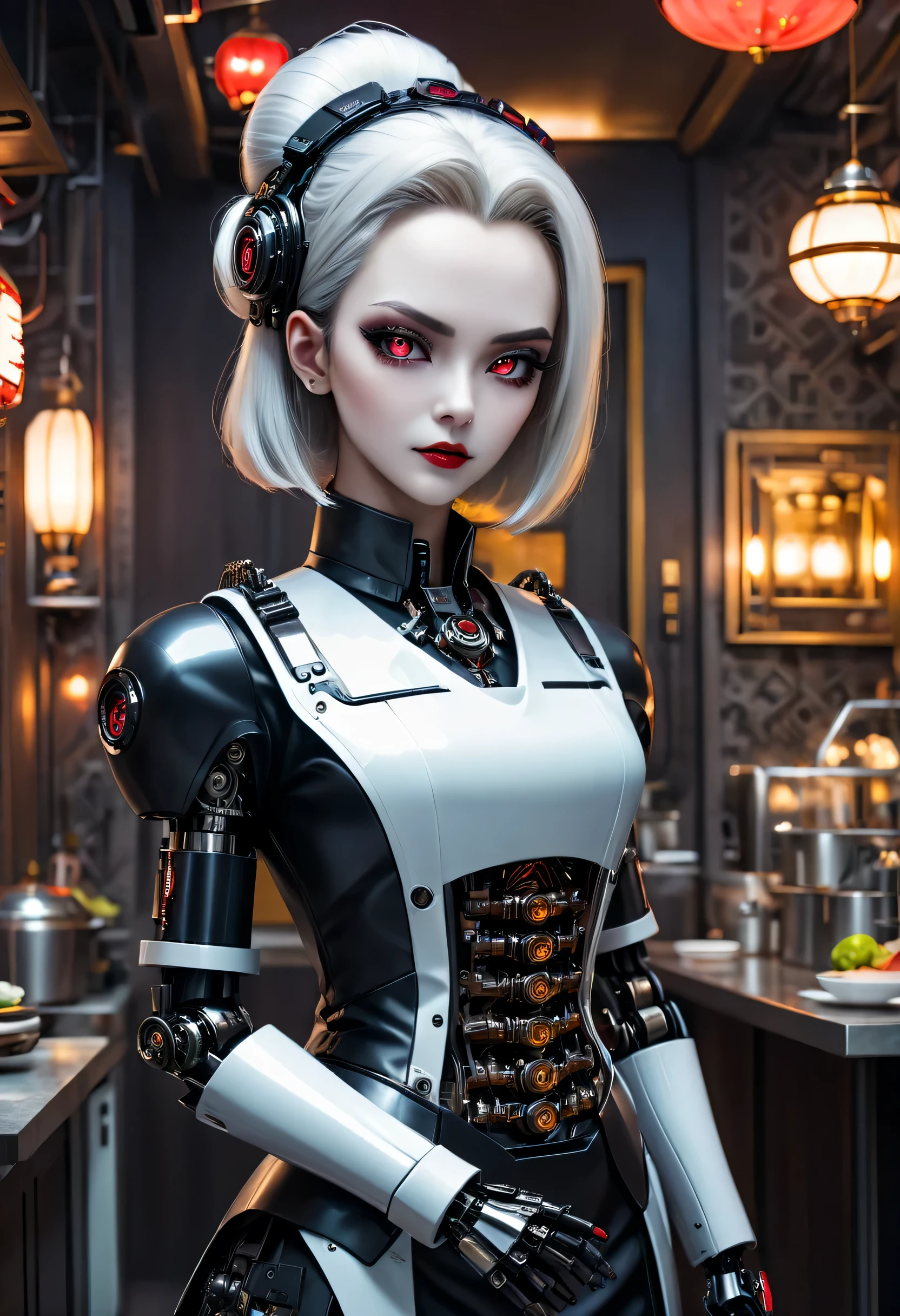 cybernetic female vampire,Female robot housekeeper, Metal mechanical surface,Mechanical joint,Female robot wearing housekeeper uniform,Female robot housekeeper负责处理各种家务,futuristic home,Family luxury restaurant,cyber punk personage