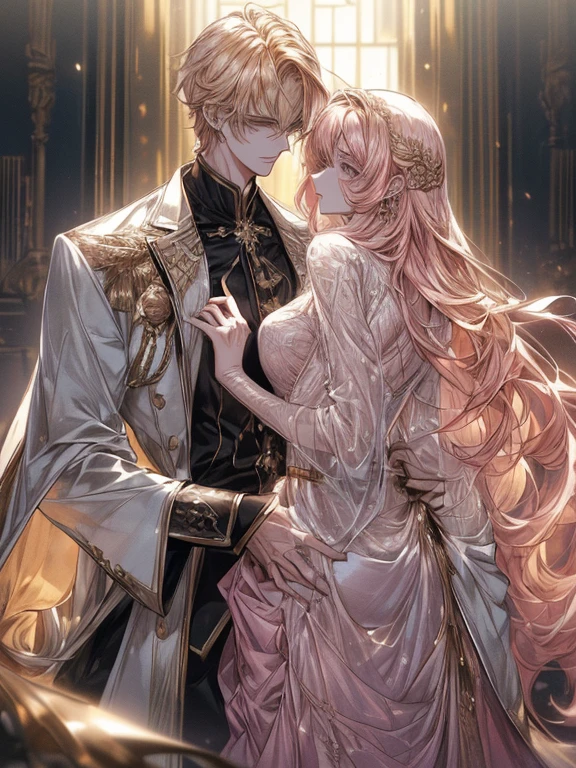 (((1male people:Piercing in the left ear,、((Golden hair))、tall、tall、Tall、a handsome、refreshing、burly)))、(((1female:Pink hair、Long、short、Best style、F-cup、see-through sexy dress、Beautuful Women)))、((((a couple、Flirting))))、{(Best Quality, 8K, masutepiece, nffsw, Soft lighting, image perfect, Digital Illustration, manhwa art, super detailed image, Perfect lines, )}