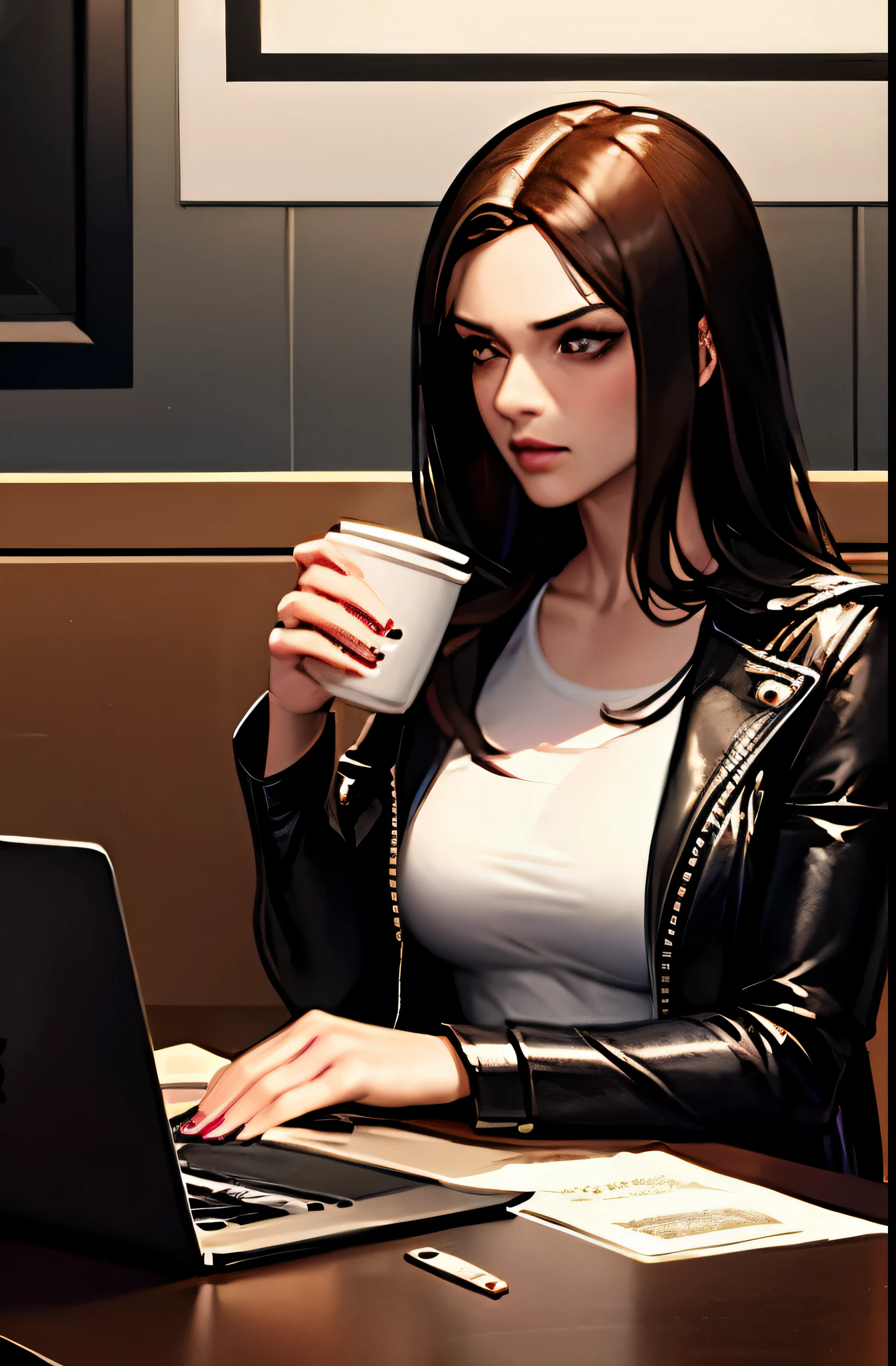 uma mulher morena com cabelos longos e lisos, Marvel character Jessica Jones, vestindo uma jaqueta de couro preta sobre uma camiseta branca, sitting at a table in a coffee shop typing on a computer