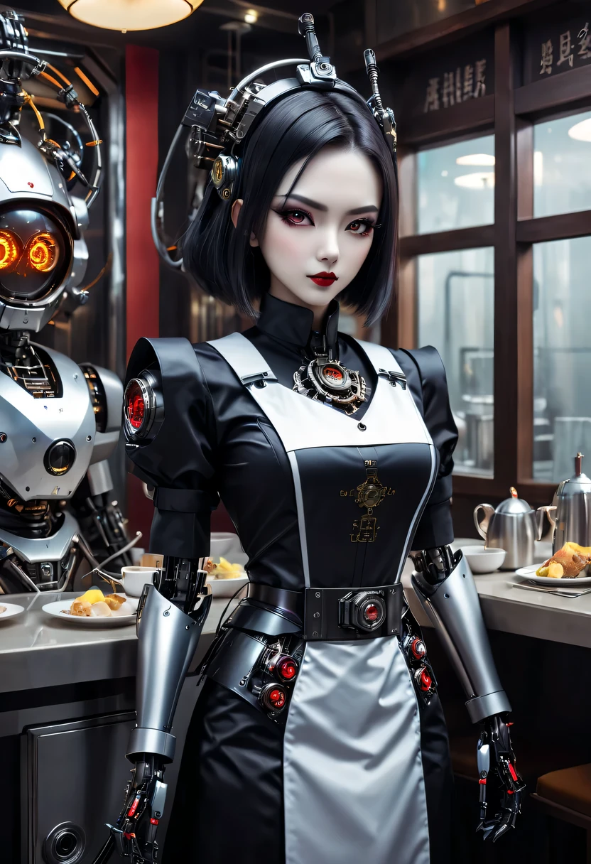 cybernetic female vampire,Female robot housekeeper, Metal mechanical surface，Mechanical joint，Female robot wearing housekeeper uniform,Female robot housekeeper负责处理各种家务,futuristic home,Family luxury restaurant，cyber punk personage