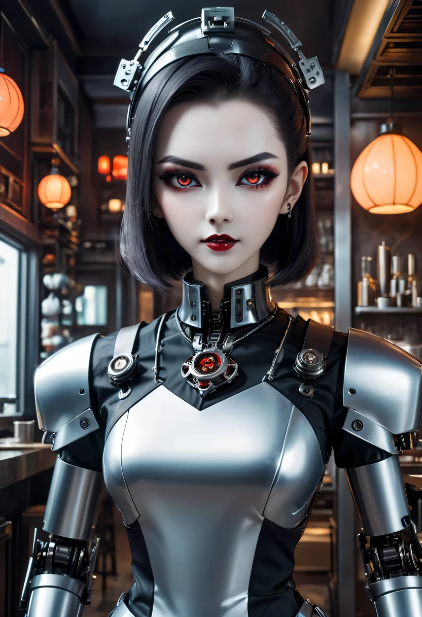 cybernetic female vampire,Female robot housekeeper, Metal mechanical surface，Mechanical joint，Female robot wearing housekeeper uniform,Female robot housekeeper负责处理各种家务,futuristic home,Family luxury restaurant，cyber punk personage