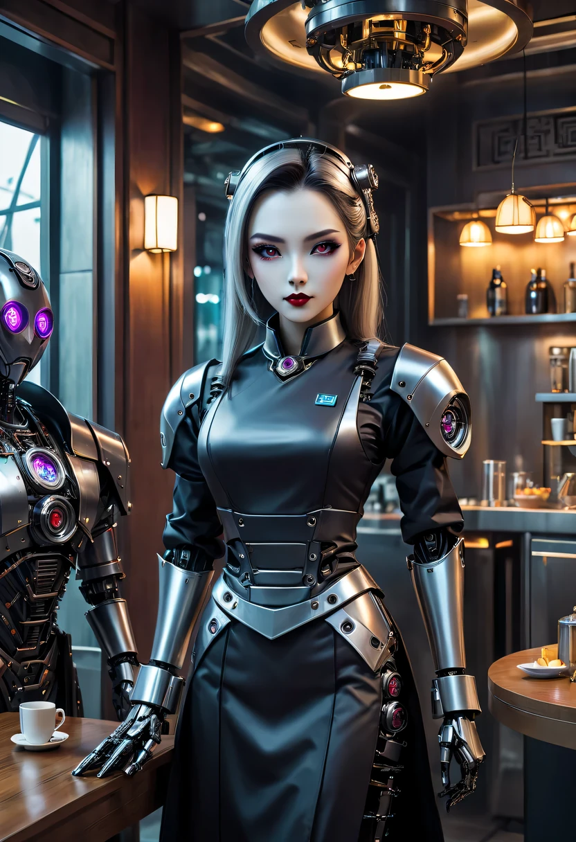 cybernetic female vampire,Female robot housekeeper, Metal mechanical surface,Mechanical joint,Female robot wearing housekeeper uniform,Female robot housekeeper负责处理各种家务,futuristic home,Family luxury restaurant,cyber punk personage