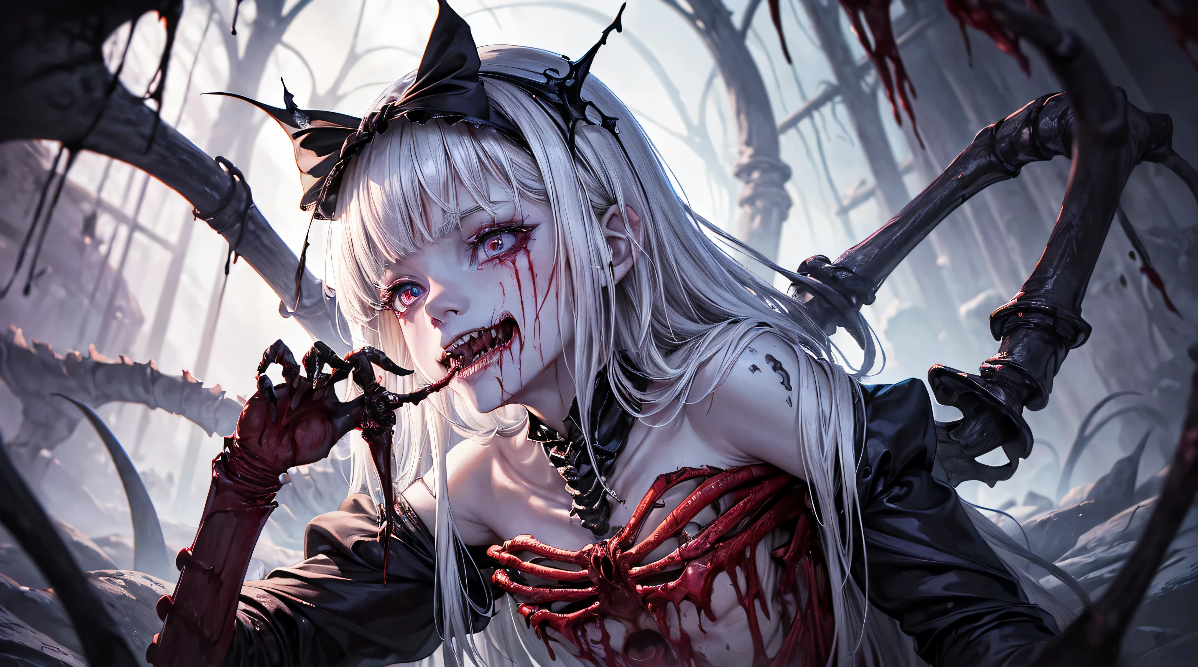 (((Alice in Wonderland:1.1))), 1girl, masterpiece, best quality, 8k, detailed skin texture, detailed cloth texture, beautiful detailed face, intricate details, ultra detailed, (a bow on her head:1.1), BACKLIGHT, realistic art, extremely delicate and beautiful, ultra-detailed, 1girl, white hair, vampire, yandere, creepy smile, (((Black goo flowing from eyes, eldritch Horror, skeleton, exposed Bone, bleeding, undead, rotting, ripped flesh, ((Blood)), gore, creepy, scary, monster, evil, insane ))) glowing dark red eyes, floating, detailed light, illustration, dynamic angle, depth of field, Short Vampire girl, long hair, ((white hair)), showing fangs, pale white skin, (ultra high res, best quality,), (8k, raw photo, best quality, masterpiece), technological sense, best quality, masterpiece, illustration,CG ,unity ,wallpaper, official art, Amazing, finely detail, an extremely delicate and beautiful,extremely detailed, highly detailed, sharp focus,rich background, (real person,photograph), ((high detailed skin))