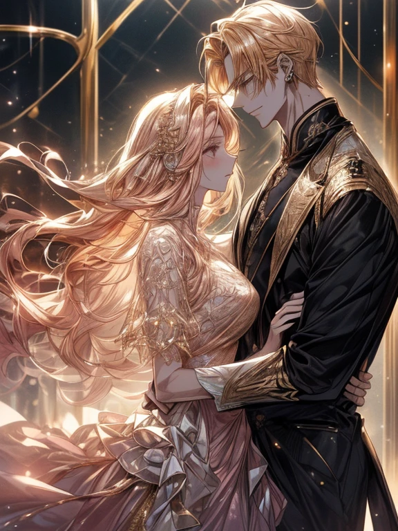 (((1male people:Piercing in the left ear,、((Golden hair))、tall、tall、Tall、a handsome、refreshing、burly)))、(((1female:Pink hair、Long、short、Best style、F-cup、see-through sexy dress、Beautuful Women)))、((((a couple))))、{(Best Quality, 8K, masutepiece, nffsw, Soft lighting, image perfect, Digital Illustration, manhwa art, super detailed image, Perfect lines, )}
