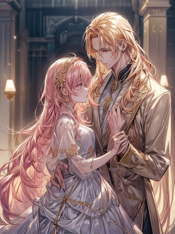 (((1male people:Piercing in the left ear,、((Golden hair))、tall、tall、Tall、a handsome、refreshing、burly)))、(((1female:Pink hair、Long、short、Best style、F-cup、see-through sexy dress、Beautuful Women)))、((((a couple))))、{(Best Quality, 8K, masutepiece, nffsw, Soft lighting, image perfect, Digital Illustration, manhwa art, super detailed image, Perfect lines, )}