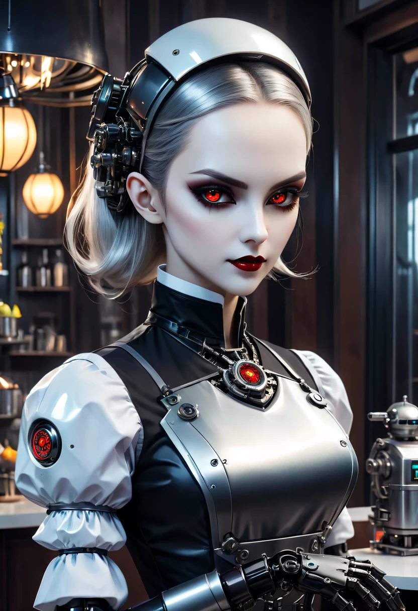 cybernetic female vampire,Female vampire robot butler, Metal mechanical surface,Mechanical joint,Female robot wearing housekeeper uniform,Female robot housekeeper is responsible for handling various household chores,futuristic home,Family luxury restaurant,cyber punk personage