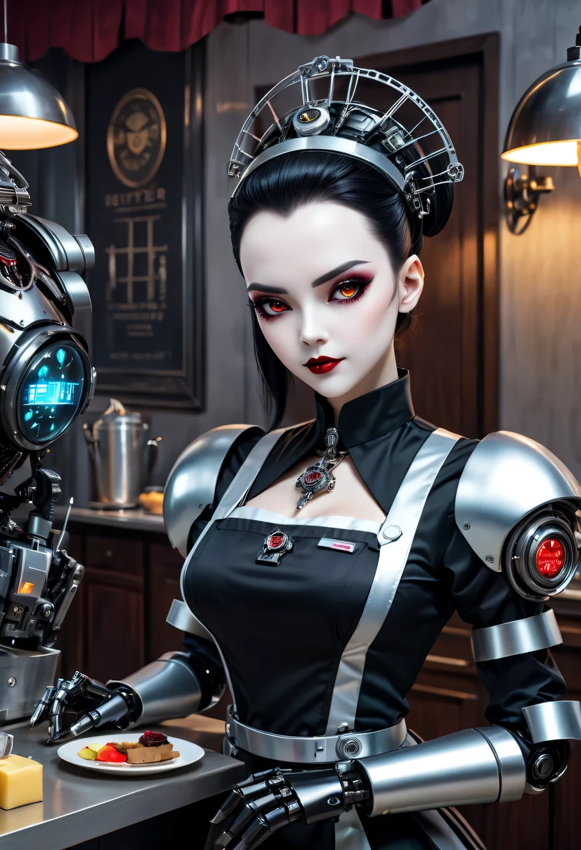 cybernetic female vampire,Female vampire robot butler, Metal mechanical surface,Mechanical joint,Female robot wearing housekeeper uniform,Female robot housekeeper is responsible for handling various household chores,futuristic home,Family luxury restaurant,cyber punk personage