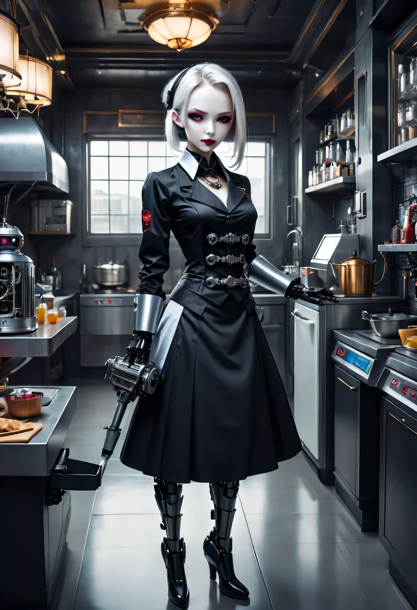 cybernetic female vampire,Female vampire robot butler, Metal mechanical surface,Mechanical joint,Female robot wearing housekeeper uniform,Female robot housekeeper is responsible for handling various household chores,futuristic home,Family luxury restaurant,cyber punk personage