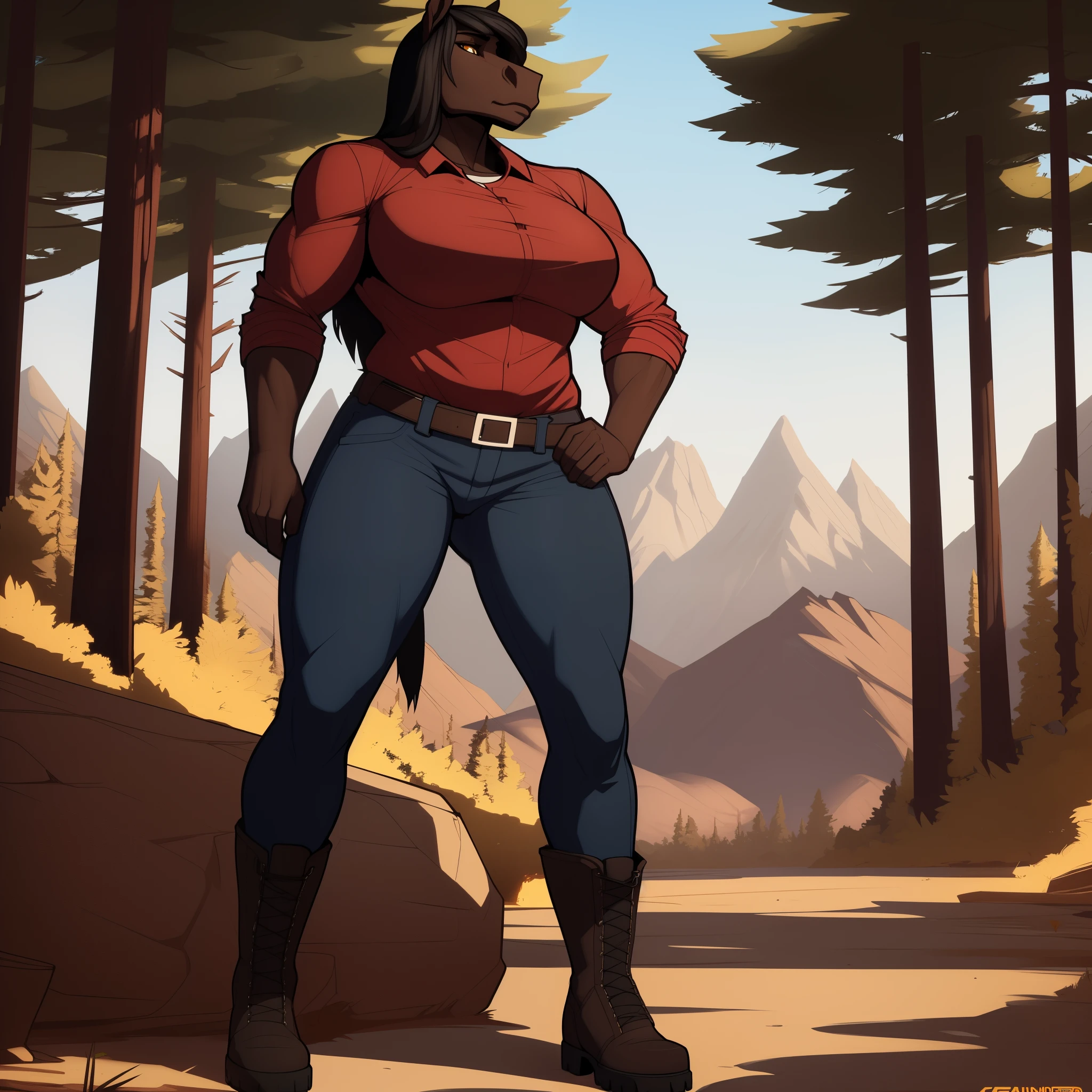 Tall_lanky_muscular_horse female solo black_hair dark_brown_furry_body amber_eyes Masterpiece best_quality absurdres highly_detailed mountain forest jeans boots thick_shirt cleanly_drawn_eyes anthro_only by_claweddrip, by_greasymojo, by_underscore-b, by_runawaystride solo