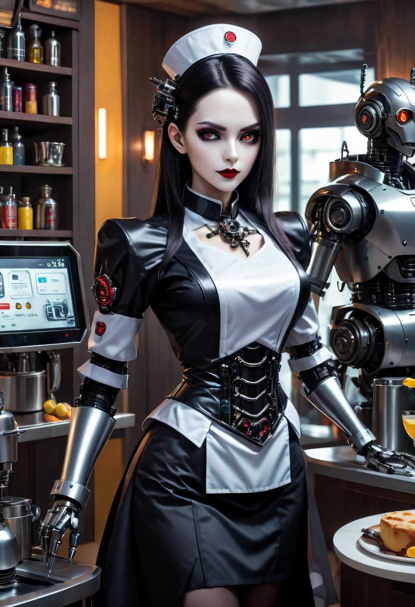 cybernetic female vampire,Female vampire robot butler, Metal mechanical surface，Mechanical joint，Female robot wearing housekeeper uniform,Female robot housekeeper is responsible for handling various household chores,futuristic home,Family luxury restaurant，cyber punk personage