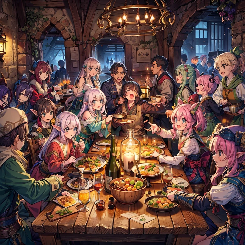 (masterpiece), best quality, ultra detailed, expressive eyes, perfect face,Fantasy art, a dozen people of different races toasting together in a medieval pub at night, Cheers with alcohol,reveling, happy, ecstasy, (exaggerated expressions:1.3), (exaggerated movements:1.5),Human,Elf,Dwarf,kemomimi, warrior, ranger, mage, archer, ninja, samurai, black hair, yellow hair, red hair, pink hair,purple hair, short hair, long hair, ponytail, twintails, (Lots of dishes on table:1.2) , (Large_meals on table:1.2), vivid color