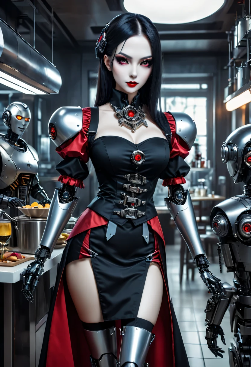 cybernetic female vampire,Female vampire robot butler, Metal mechanical surface,Mechanical joint,Female robot wearing housekeeper uniform,Female robot housekeeper is responsible for handling various household chores,futuristic home,Family luxury restaurant,cyber punk personage