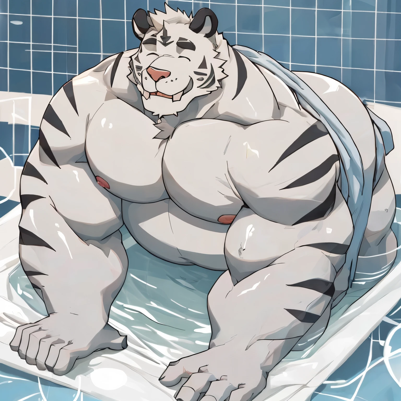 axel cosmas , solo, towel around waist, plump, huge, bath background, nipples, massive big fat belly, big ass, eyes shut, on fours, 5 fingers, musclegut body, lineart, normal eyes, wet body, macro body, massive body, huge pecs, very wide,