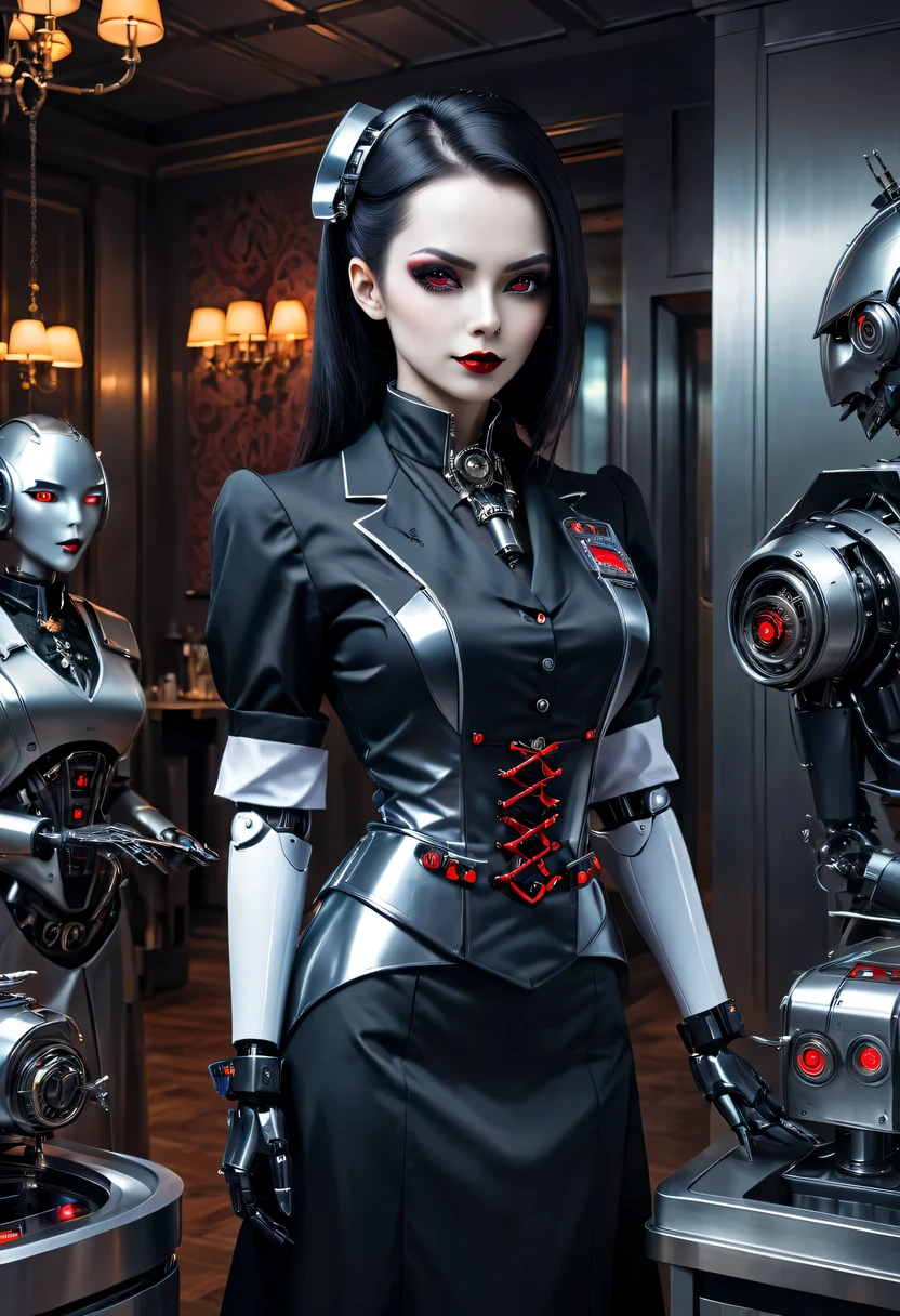 cybernetic female vampire,Female vampire robot butler, Metal mechanical surface,Mechanical joint,Female robot wearing housekeeper uniform,Female robot housekeeper is responsible for handling various household chores,futuristic home,Family luxury restaurant,cyber punk personage