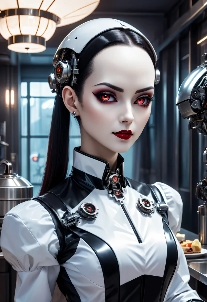 cybernetic female vampire,Female vampire robot butler, Metal mechanical surface，Mechanical joint，Female robot wearing housekeeper uniform,Female robot housekeeper is responsible for handling various household chores,futuristic home,Family luxury restaurant，cyber punk personage