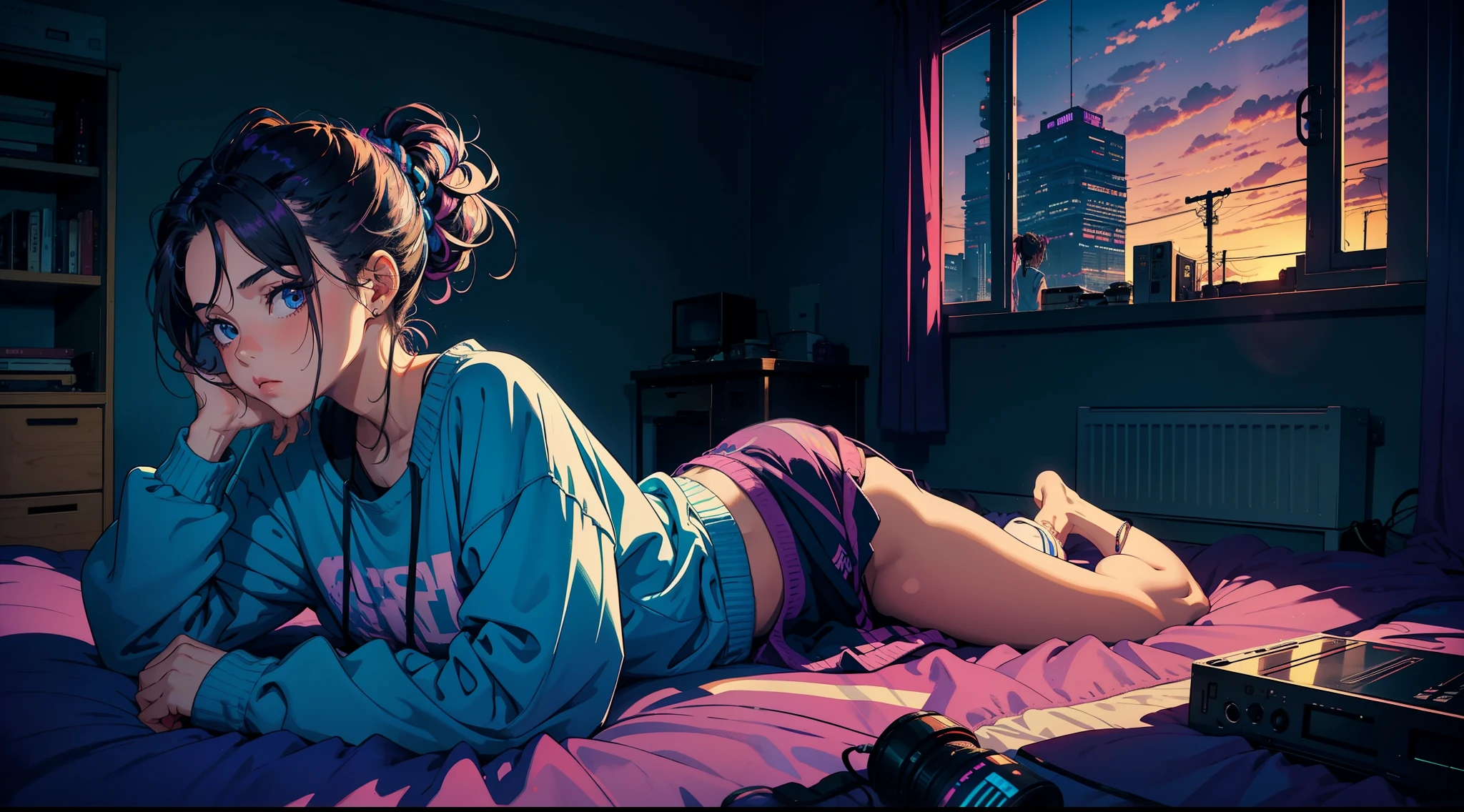 Masterpiece, high Quality, girl, hair tied up, hair with colorful highlights, big clothes, baggy clothes, comfortable clothes, indoors, night, sunset, dark room, distractedly fiddling with something, lying down, synthwave colors, deep purple and blue,