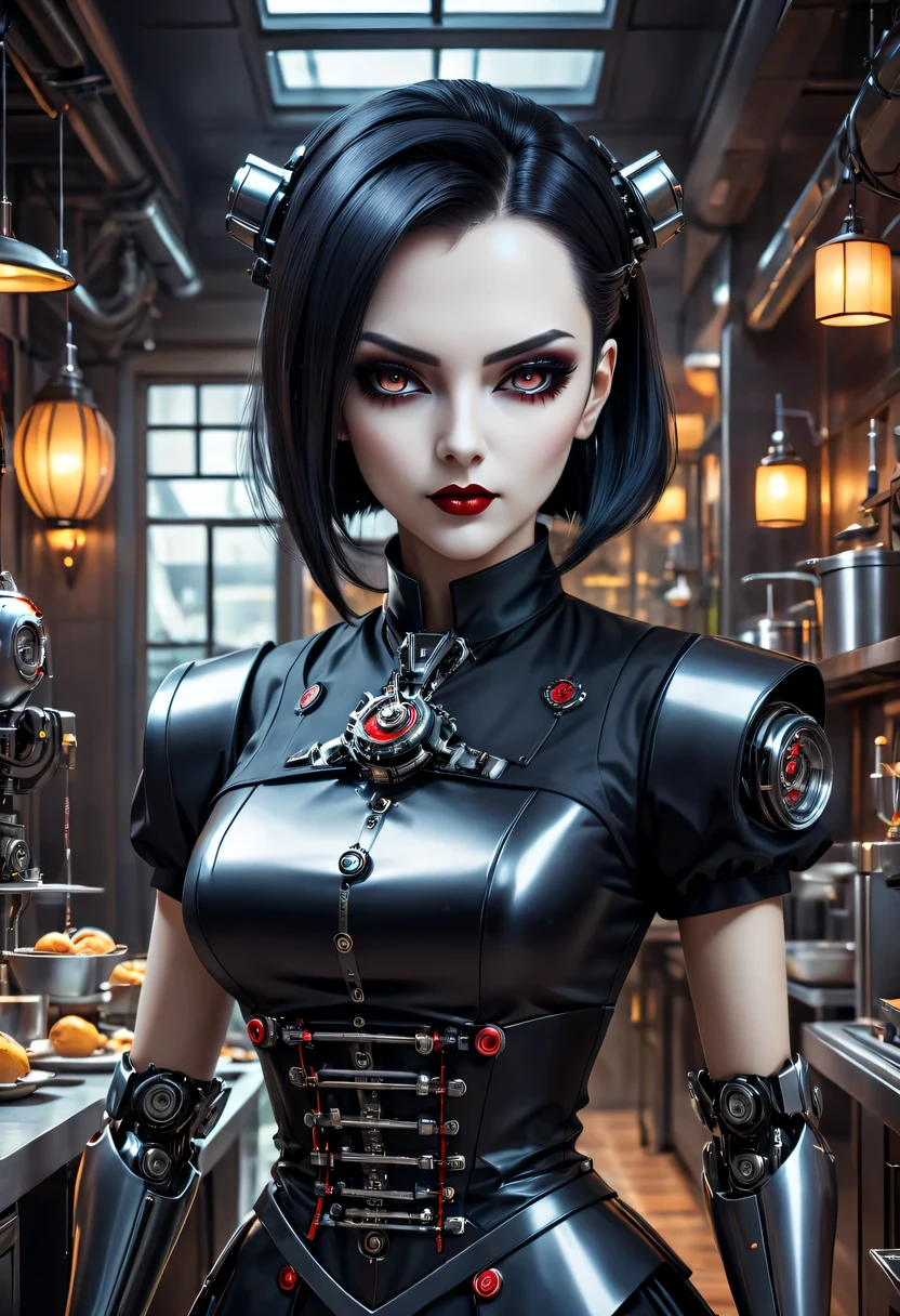cybernetic female vampire,Female vampire robot butler, Metal mechanical surface，Mechanical joint，Female robot wearing housekeeper uniform,Female robot housekeeper is responsible for handling various household chores,futuristic home,Family luxury restaurant，cyber punk personage