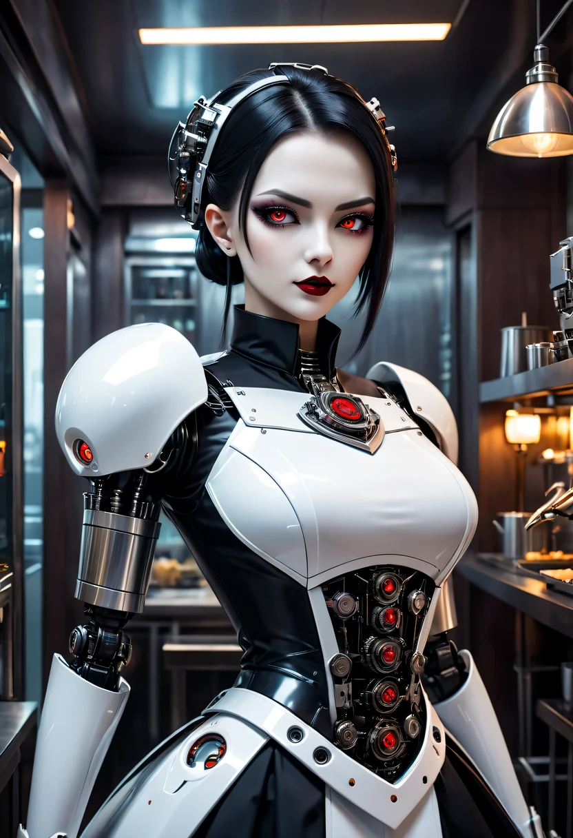 cybernetic female vampire,Female vampire robot butler, Metal mechanical surface，Mechanical joint，Female robot wearing housekeeper uniform,Female robot housekeeper is responsible for handling various household chores,futuristic home,Family luxury restaurant，cyber punk personage