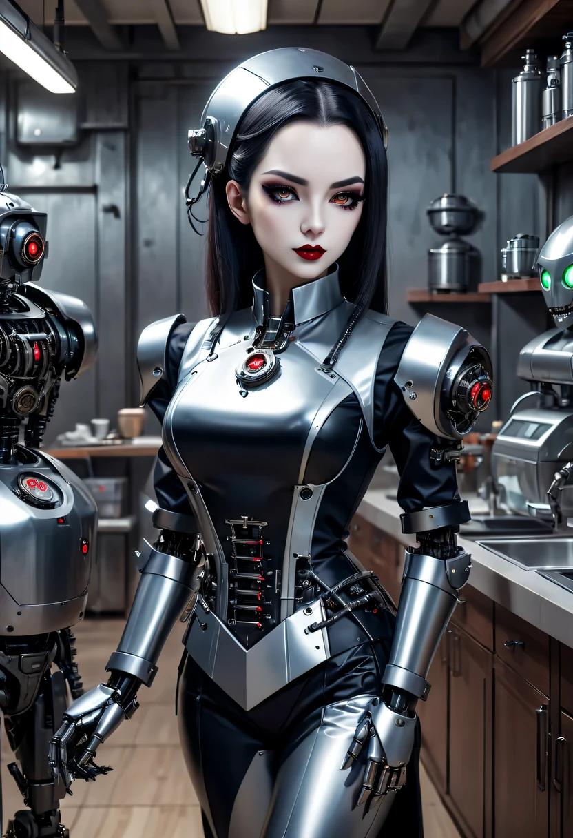 cybernetic female vampire,Female vampire robot butler, Metal mechanical surface,Mechanical joint,Female robot wearing housekeeper uniform,Female robot housekeeper is responsible for handling various household chores,futuristic home,cyber punk personage