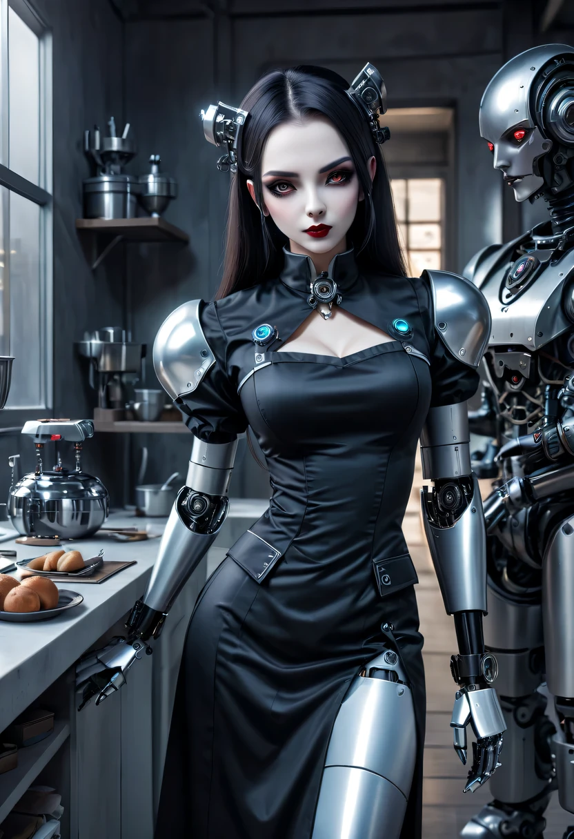 cybernetic female vampire,Female vampire robot butler, Metal mechanical surface,Mechanical joint,Female robot wearing housekeeper uniform,Female robot housekeeper is responsible for handling various household chores,futuristic home,cyber punk personage