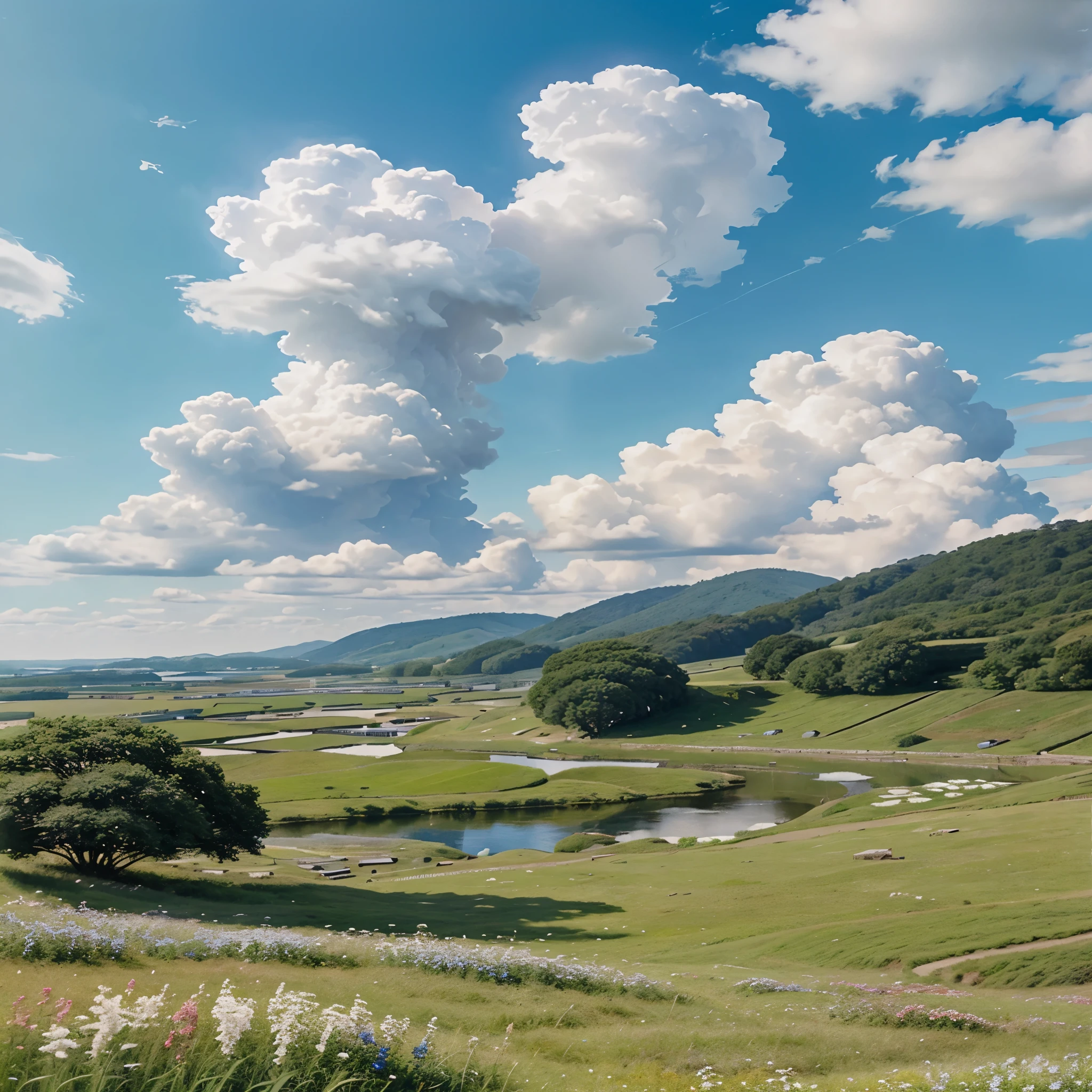 Realistic, authentic, beautiful and amazing landscape oil painting Studio Ghibli Hayao Miyazaki's petal grassland with blue sky and white clouds